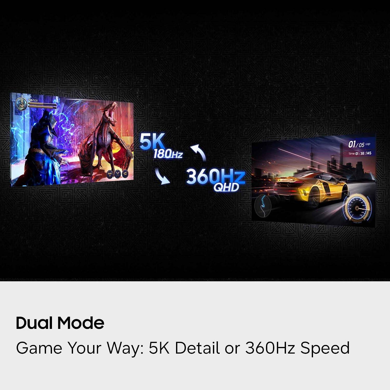 220  
5K 180Hz 360Hz QHD  
01/05 lap Time 01:38:145  
Dual Mode Game Your Way: 5K Detail or 360Hz Speed