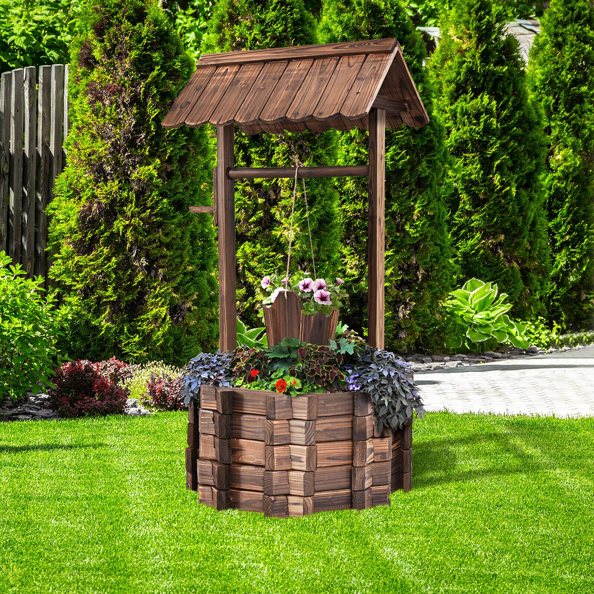 Alt View 3. Costway - Outdoor Wooden Wishing Well Bucket Flower Plants Planter Patio Garden Home Decor - Brown.