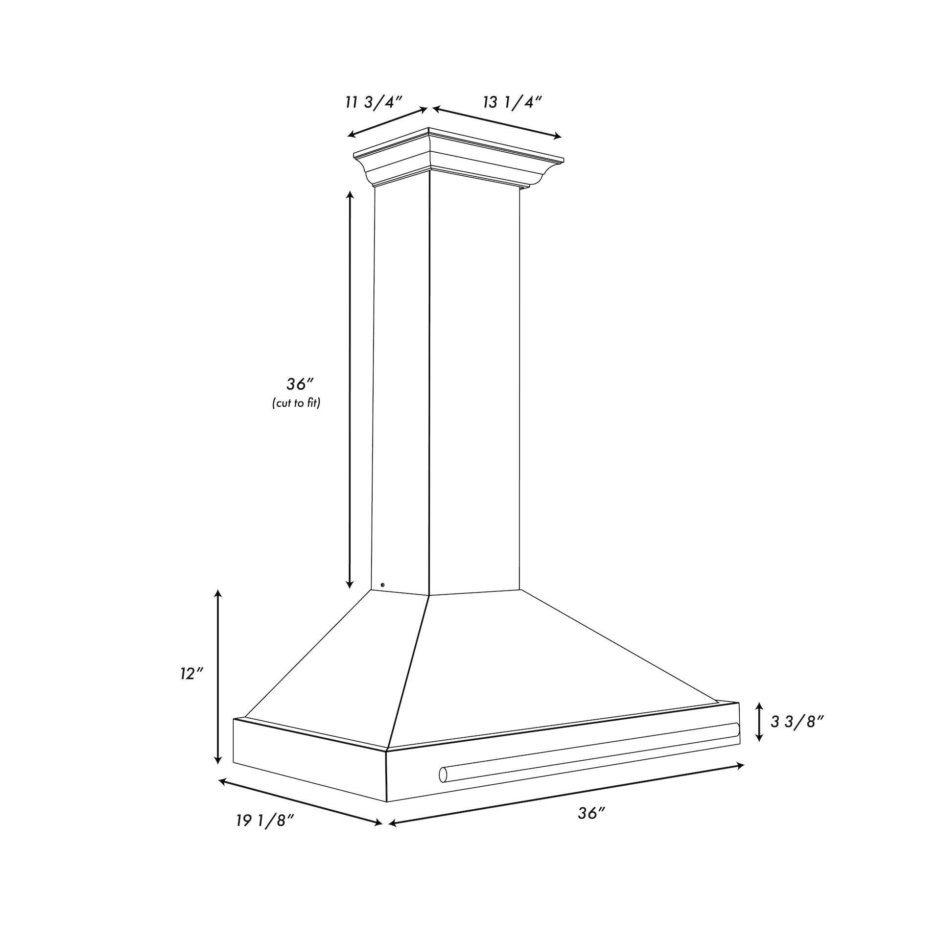 The image shows a drawing of a fireplace mantel with measurements. The measurements are as follows: 11 3/4" 13 1/4" 36" (cut to Fi) 12" 33/8" 191/8" 19 36".