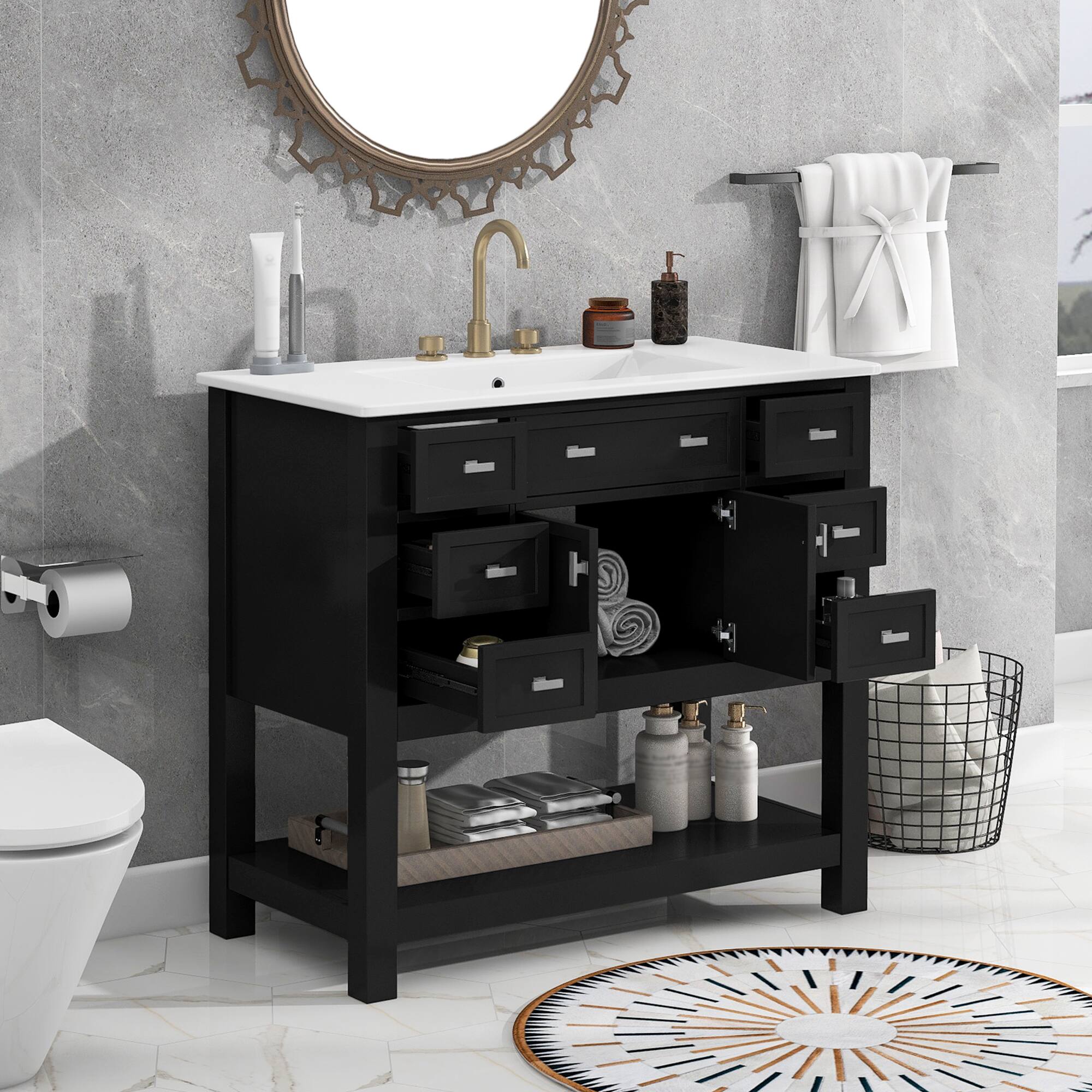 Left. Tiramisubest - 36" Bathroom Vanity with Top Sink, Modern Bathroom Storage Cabinet with 2 Soft Closing Doors and 6 Drawers - Black.