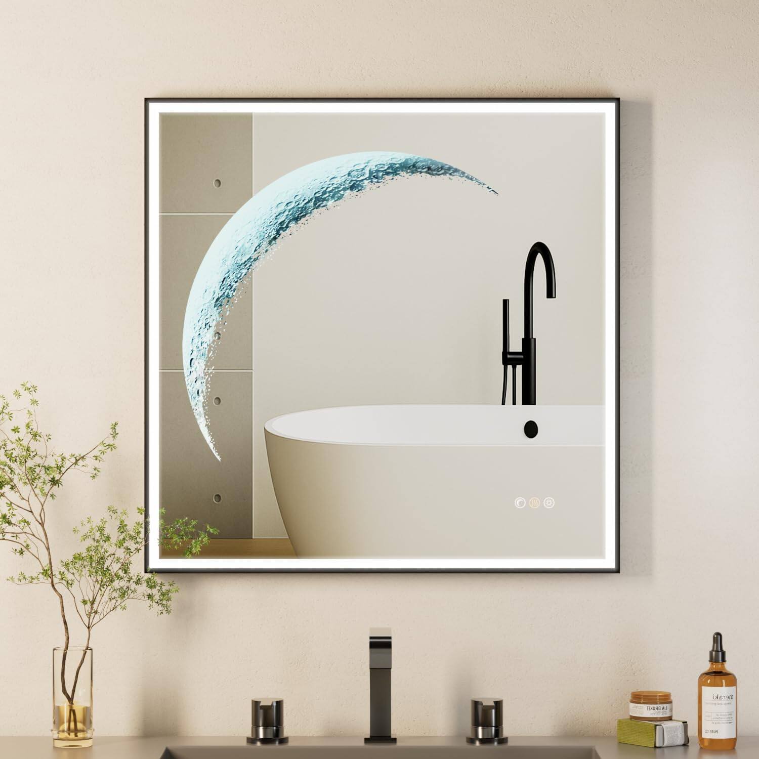 Earthley Blooms - Round Mirror Circle With Backlit Half Moon Light Anti-fog Modes Dimming Wall-mounted Led Mirrors For Rama - Balck Frame-square-32"L x 32"W