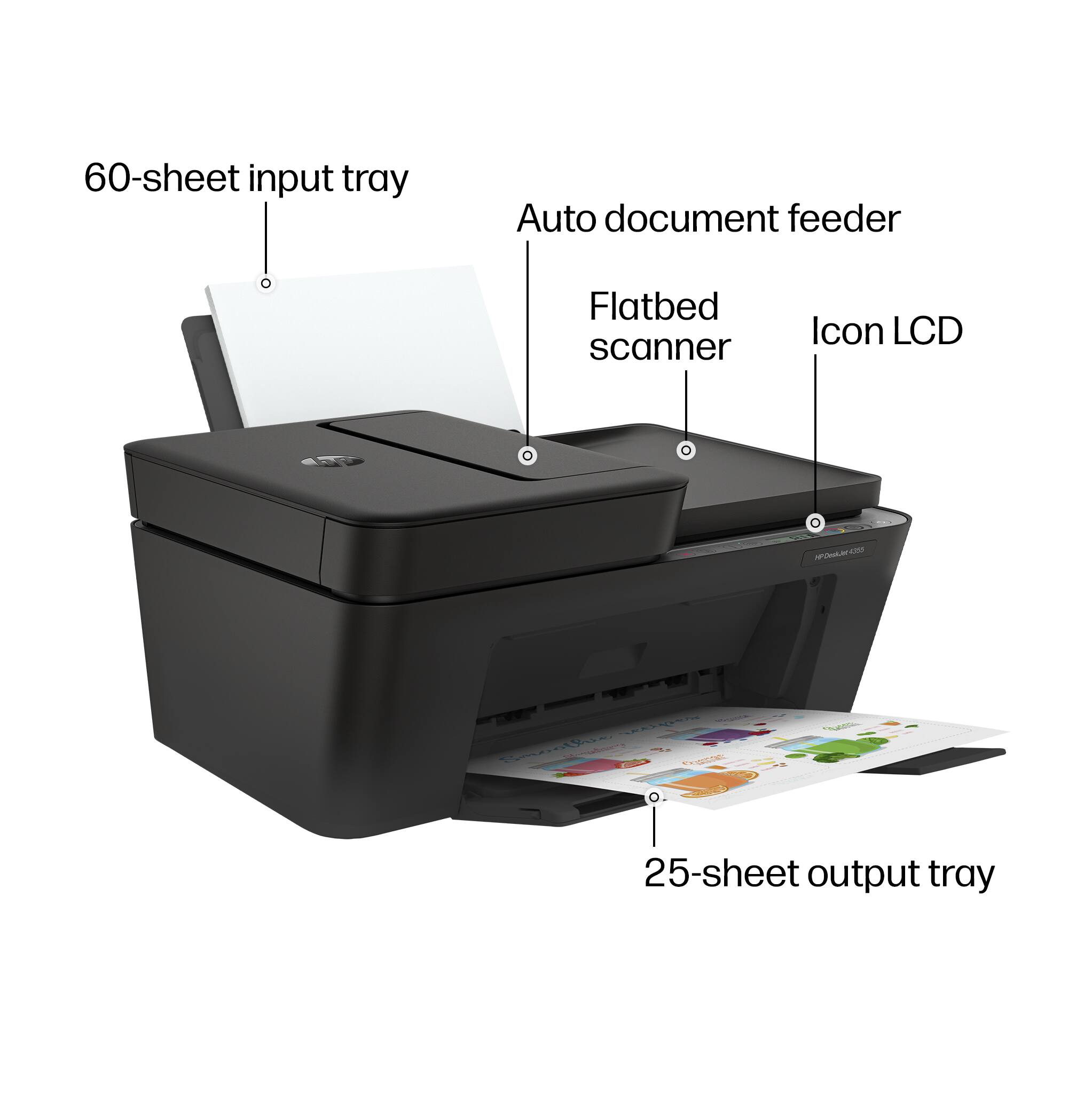 60-sheet input tray  
Auto document feeder  
Flatbed scanner  
Icon LCD  
25-sheet output tray