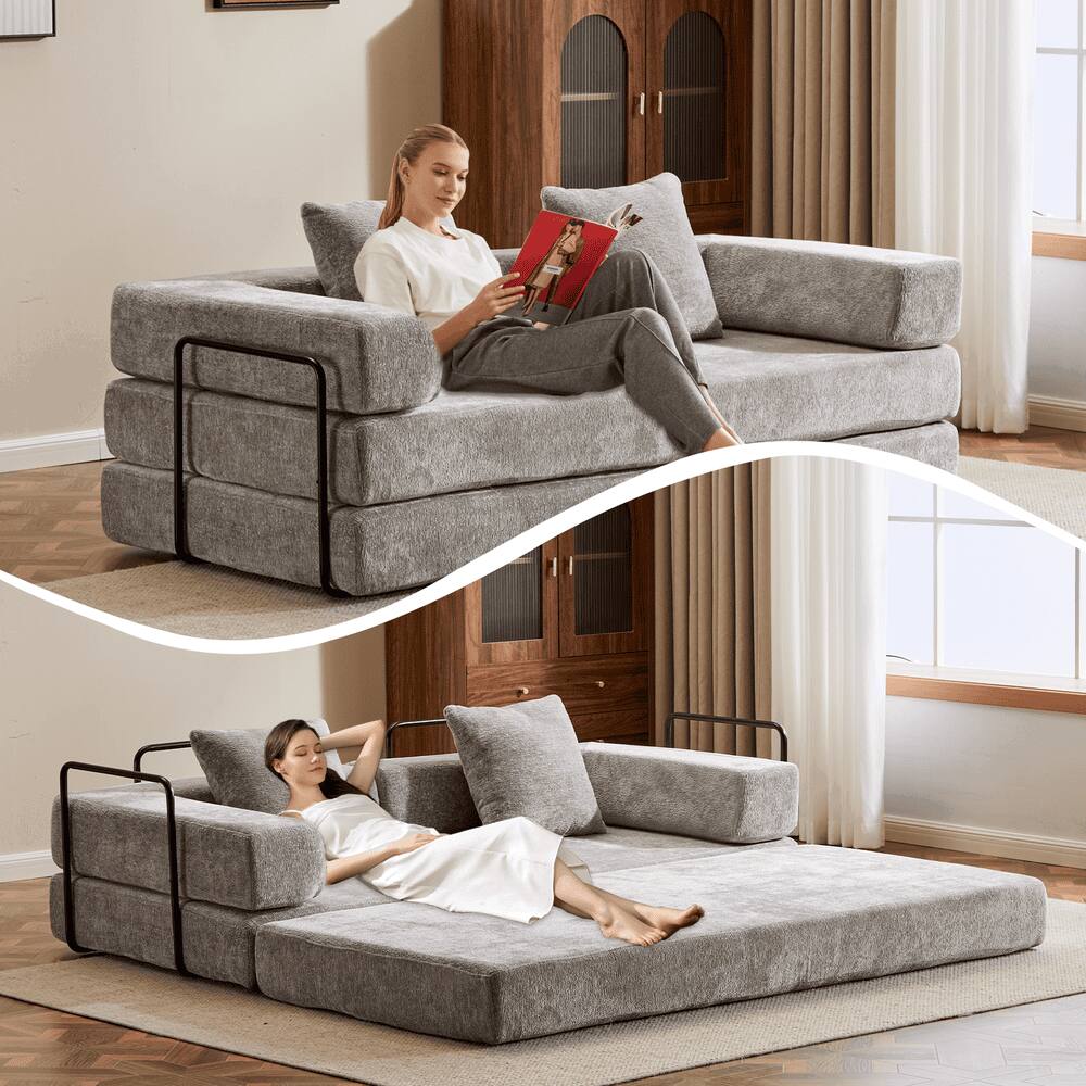 Alt View 6. Kadyn - Floor Couch Bed, Convertible Chenille Fabric Sofa with Pillow Back Support, Compression Lounge Sleeper, Light Gray - Gray.