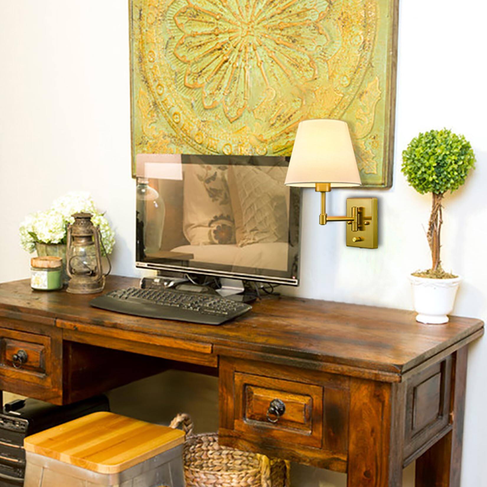 Alt View 1. TECH SAFARI - Plug in Wall Sconces Set Of Two Beige Shade Brass Swing Arm Lamp With Cord Mount Light For Bedroom Living Room - Gold.