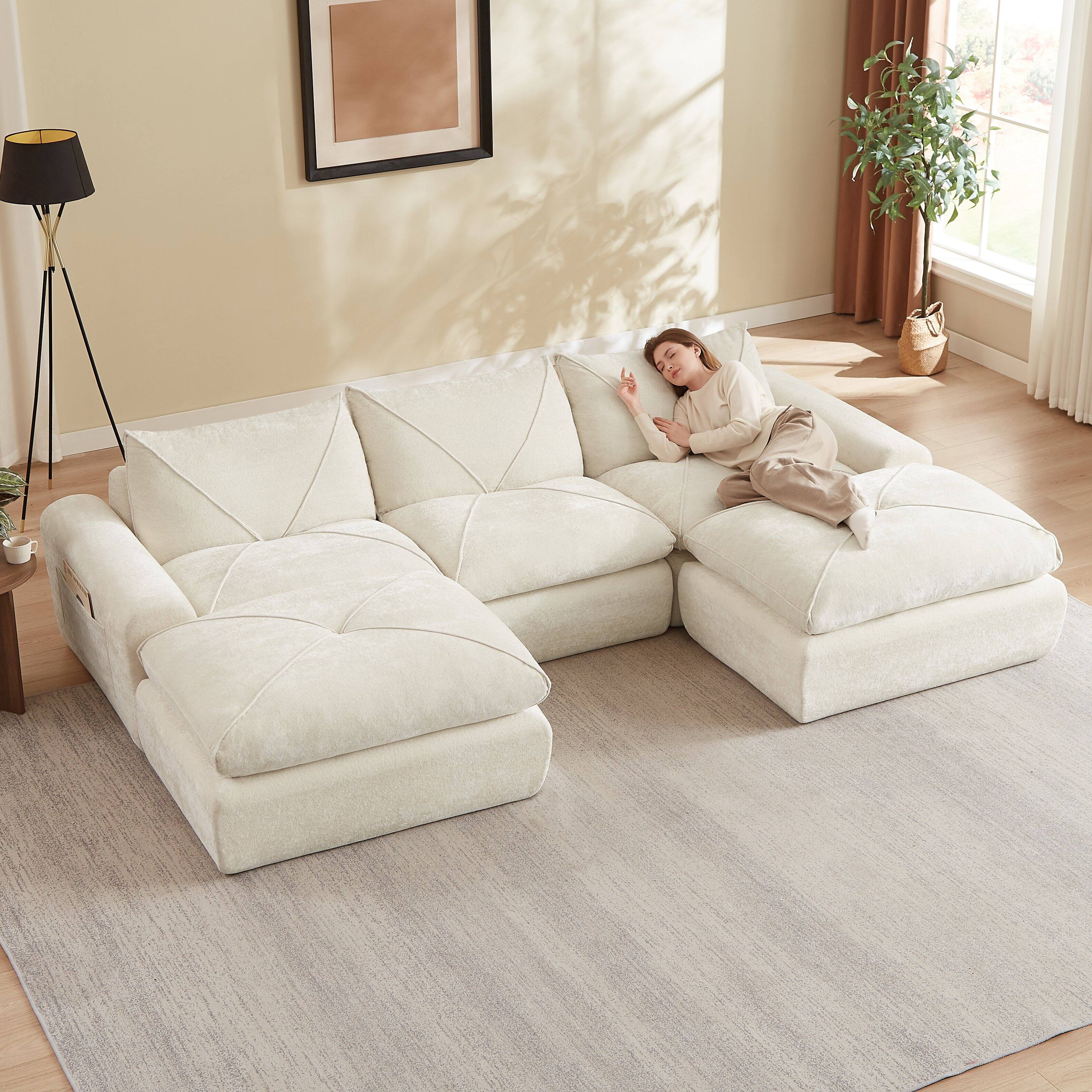 Left. Loheer - Loheer Modern Minimalist Chenille Sectional Sofa with Ottoman Spacious Living Room Combination Couch - Beige.
