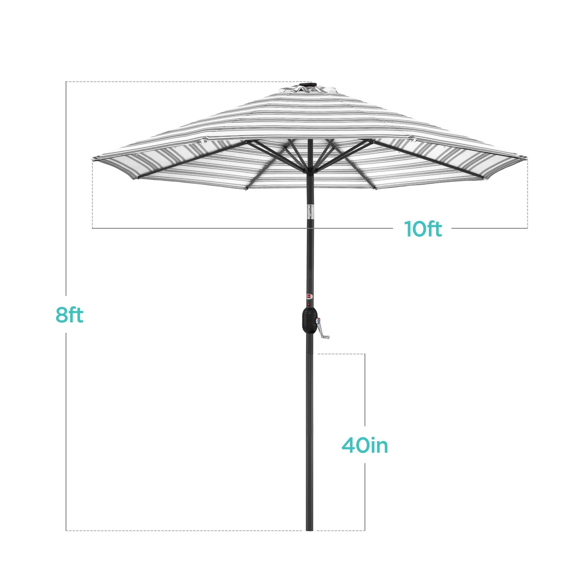 The dimensions of the umbrella are as follows:

- Diameter: 10 feet
- Height: 8 feet
- Shaft Diameter: 40 inches