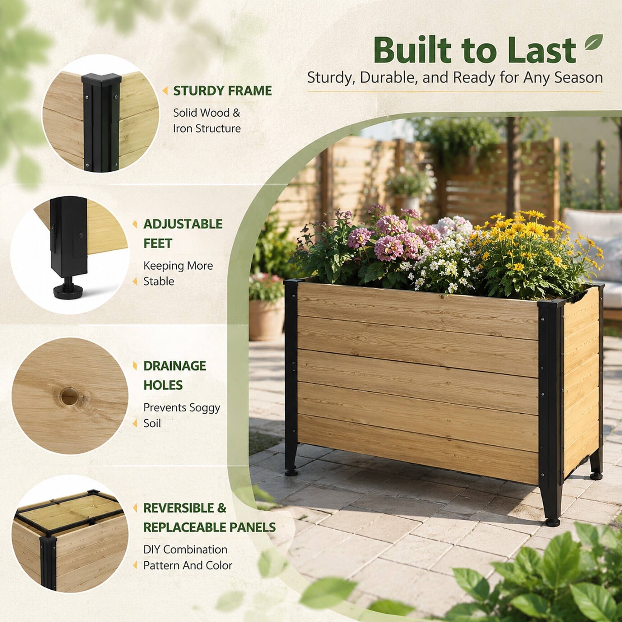 STURDY FRAME  
Built to Last  
Sturdy, Durable, and Ready for Any Season  
Solid Wood & Iron Structure  

ADJUSTABLE FEET  
Keeping More Stable  

DRAINAGE HOLES  
Prevents Soggy Soil  

REVERSIBLE & REPLACEABLE PANELS  
DIY Combination Pattern And Color