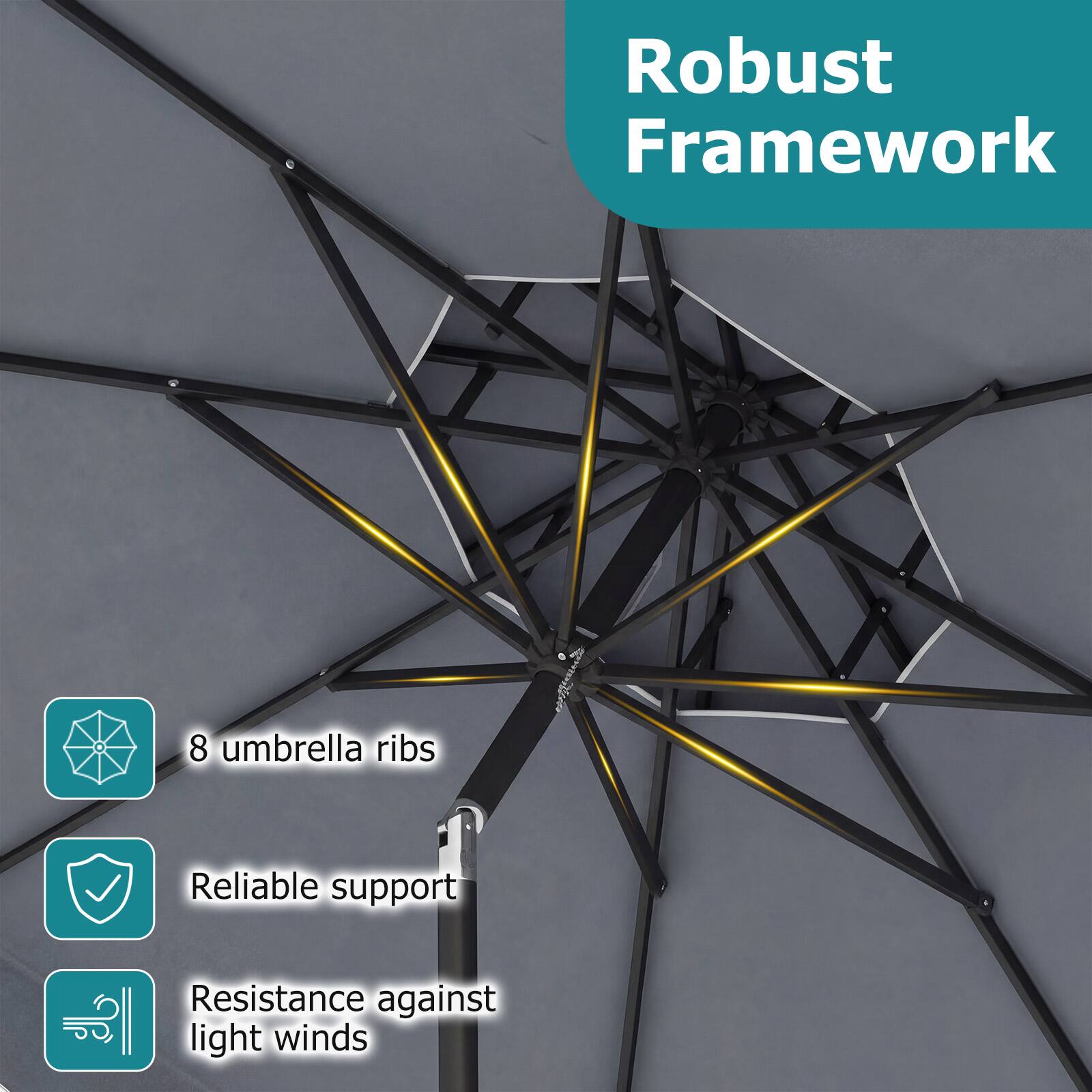 Robust Framework  
- 8 umbrella ribs  
- Reliable support  
- Resistance against light winds