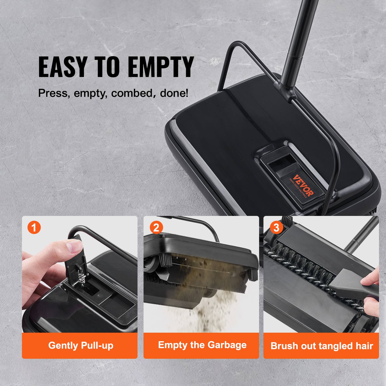 EASY TO EMPTY  
Press, empty, comb, done!  

1. Gently Pull-up  
2. Empty the Garbage  
3. Brush out tangled hair