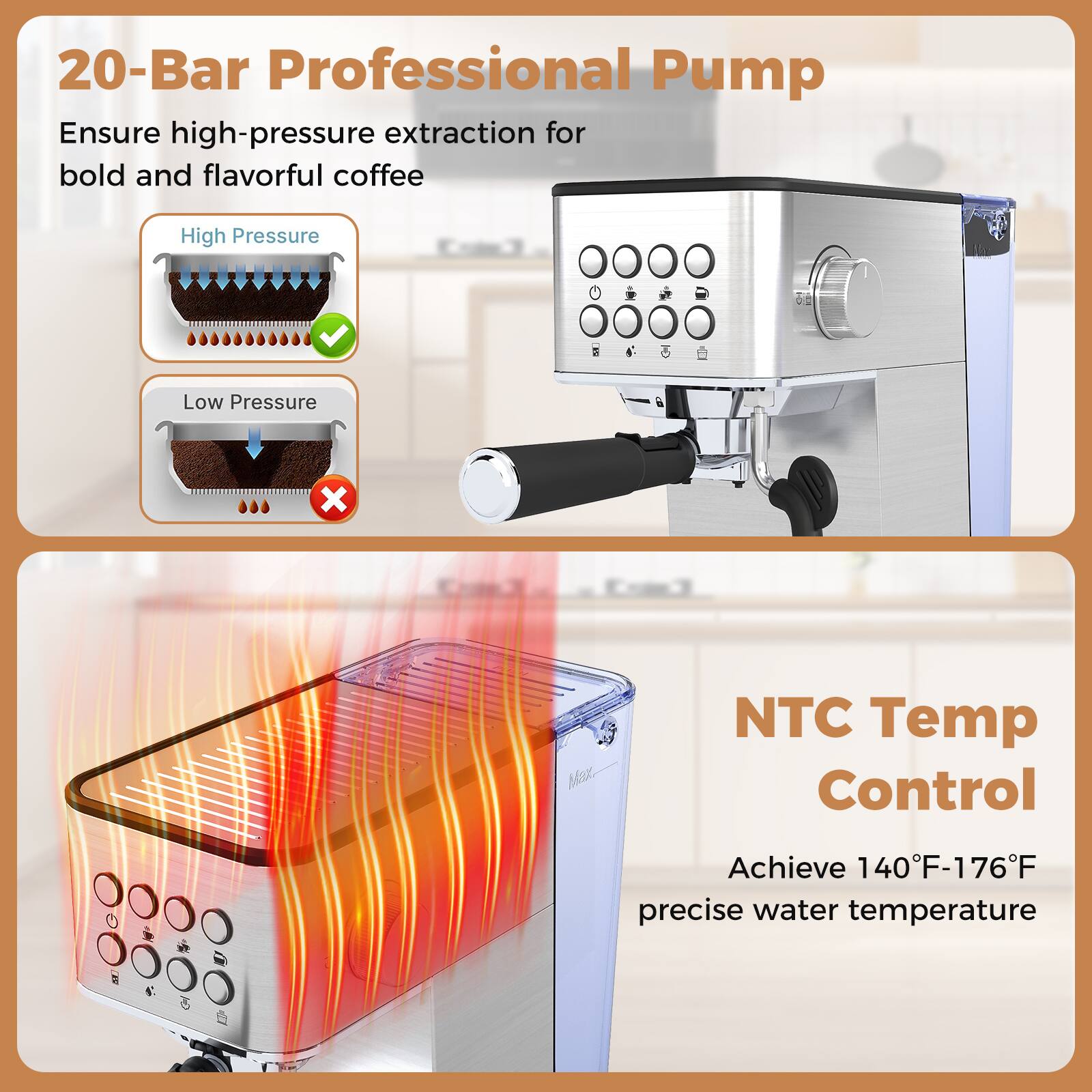 20-Bar Professional Pump  
Ensure high-pressure extraction for bold and flavorful coffee  

High Pressure ✔️  
Low Pressure ❌  

NTC Temp Control  
Achieve 140°F-176°F precise water temperature