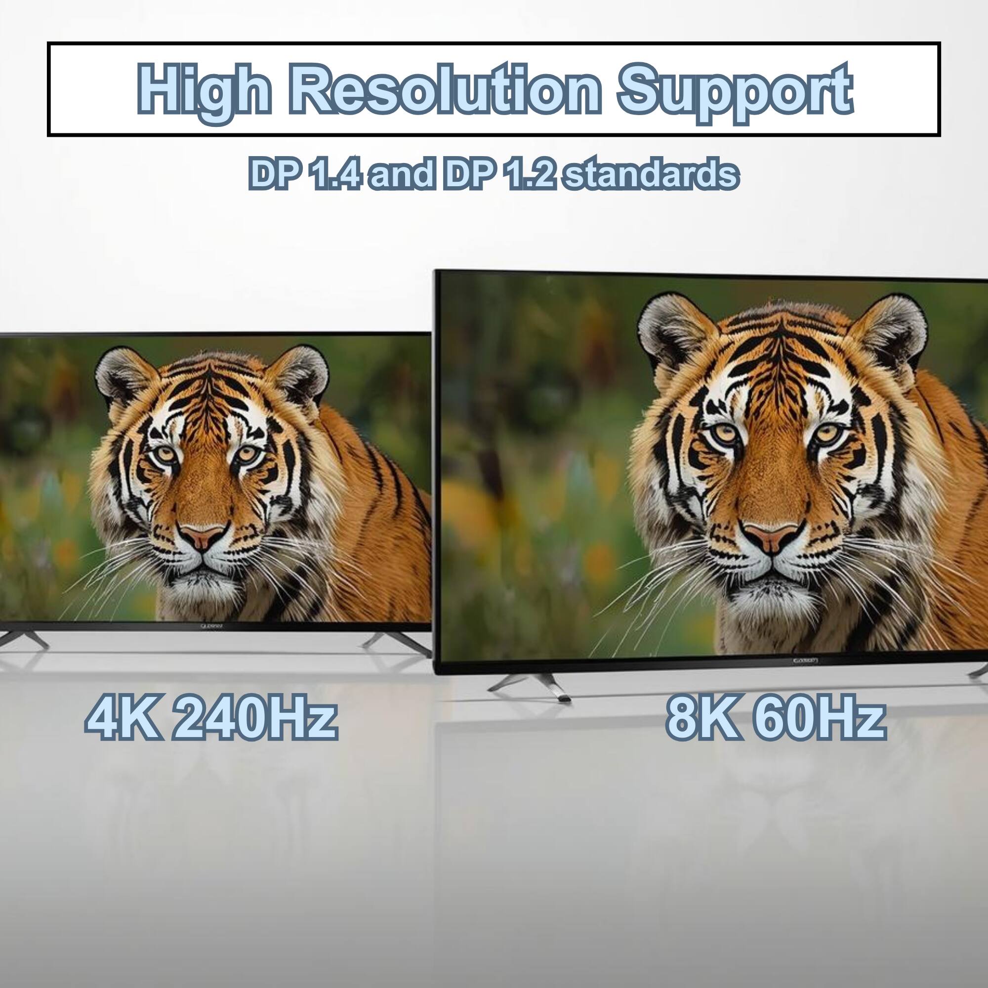 High Resolution Support  
DP 1.4 and DP 1.2 standards  
4K 240Hz  
8K 60Hz