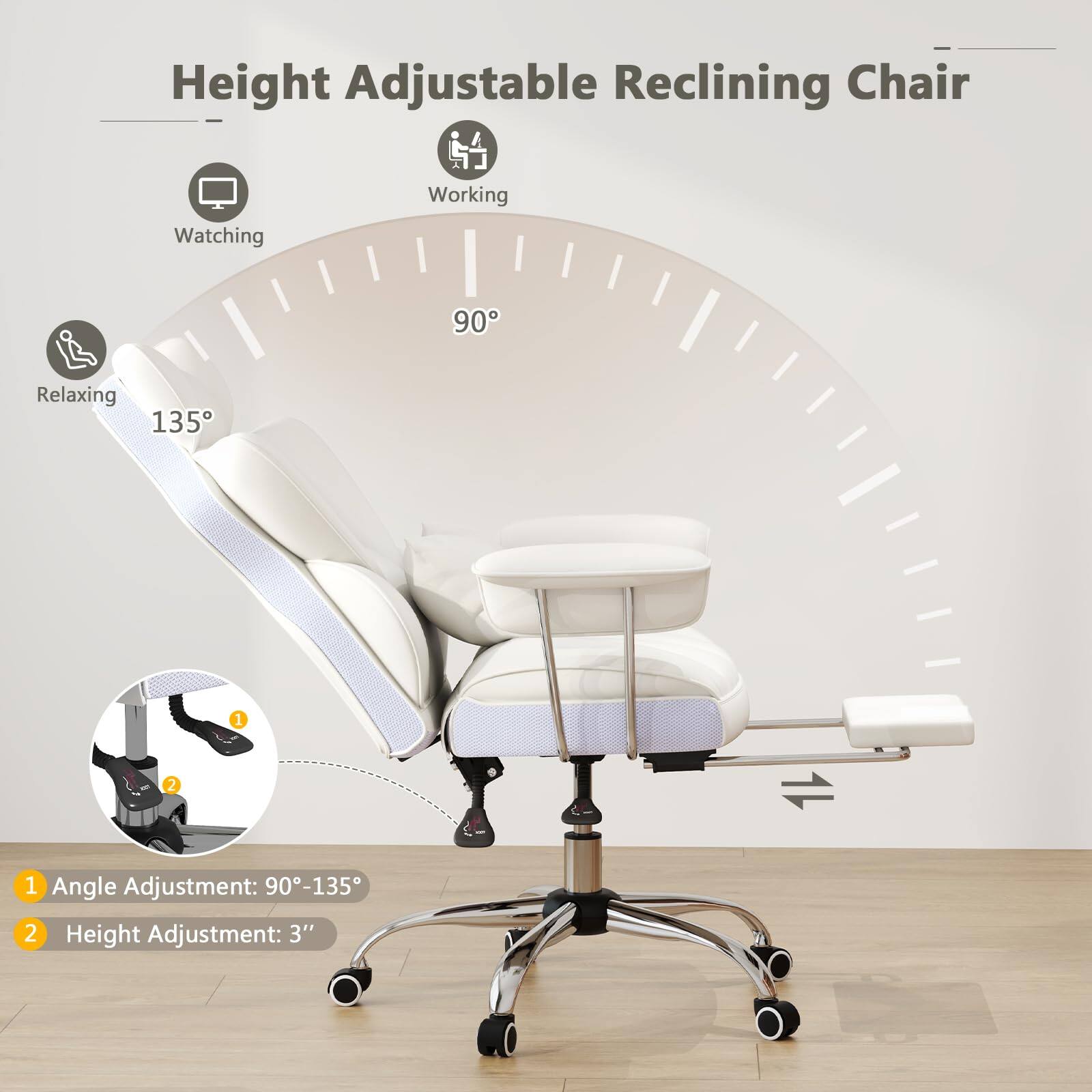 Height Adjustable Reclining Chair: Watching, Working, Relaxing, 90, 135, 1, 2, 1, Angle Adjustment: 90-135, 2, Height Adjustment: 3"