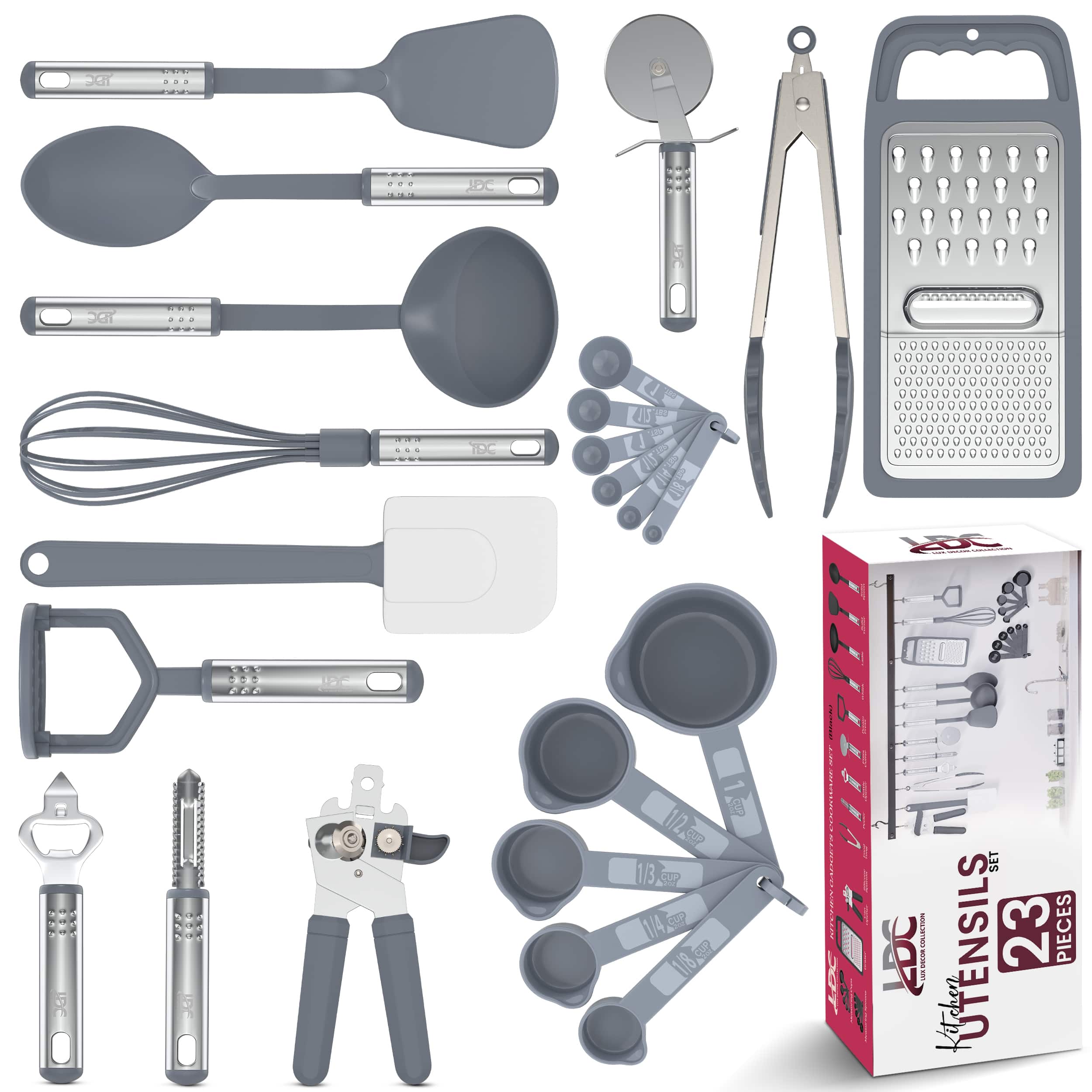 Lux Decor Collection - 23-Piece Kitchen Utensil Set Nylon & Stainless Steel Cooking Tools for Nonstick Pots & Pans, Heat-Resistant, Kitchen Set - Gray