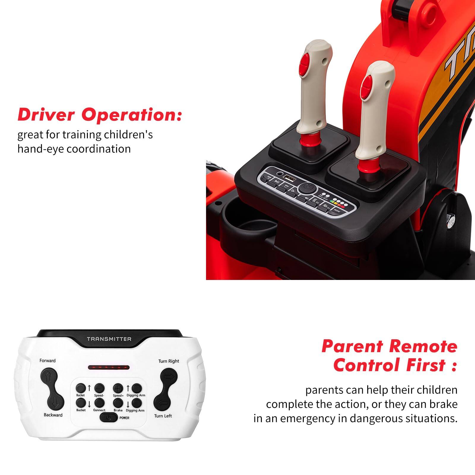 Driver Operation:  
great for training children's hand-eye coordination  

Parent Remote Control First:  
parents can help their children complete the action, or they can brake in an emergency in dangerous situations.