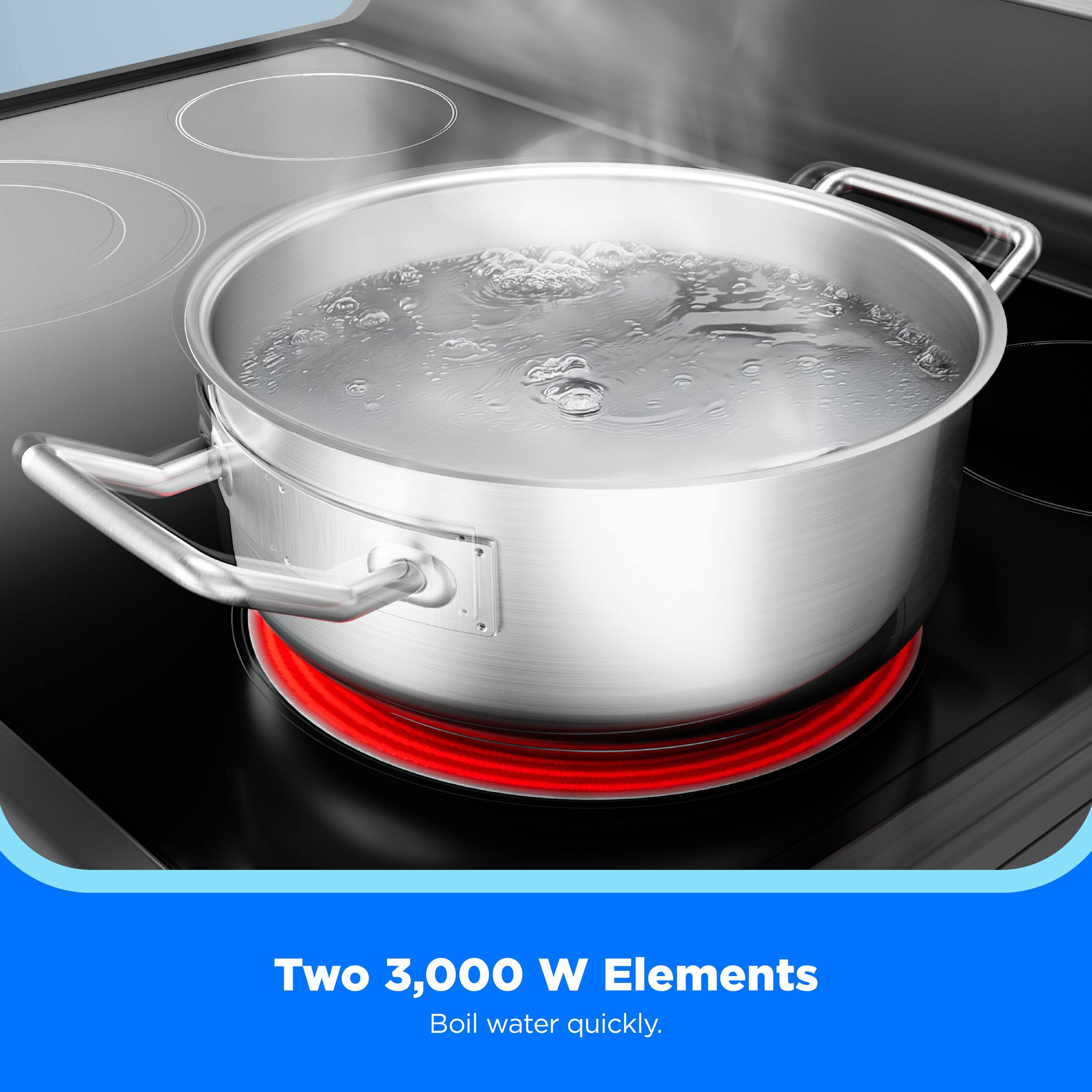 Two 3,000 W Elements Boil water quickly.