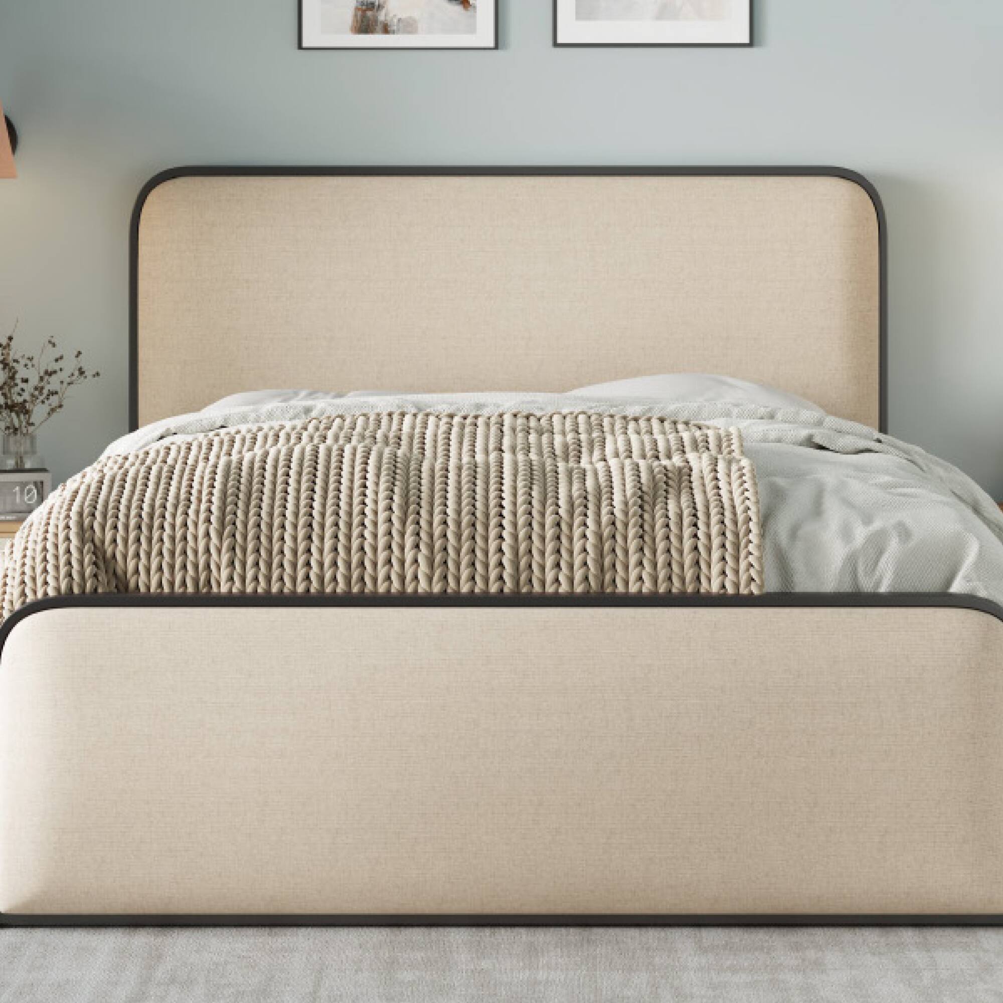 Left. GOODSILO - Modern Metal Bed Frame with Curved Upholstered Headboard and Footboard Featuring Under Bed Storage - Beige.
