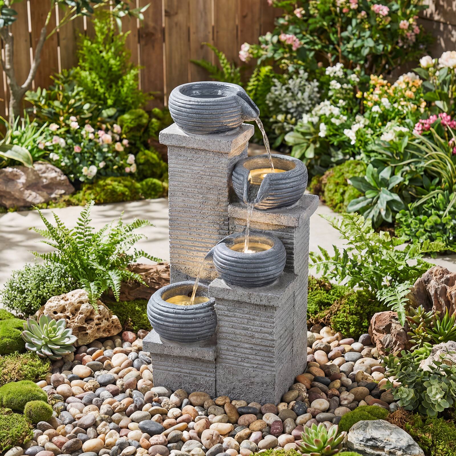 Alt View 3. Gymax - Gymax 4-Tier Water Fountain 23'' Cascading Bowl Waterfall Fountain w/LED Lights & Pump - Gray.