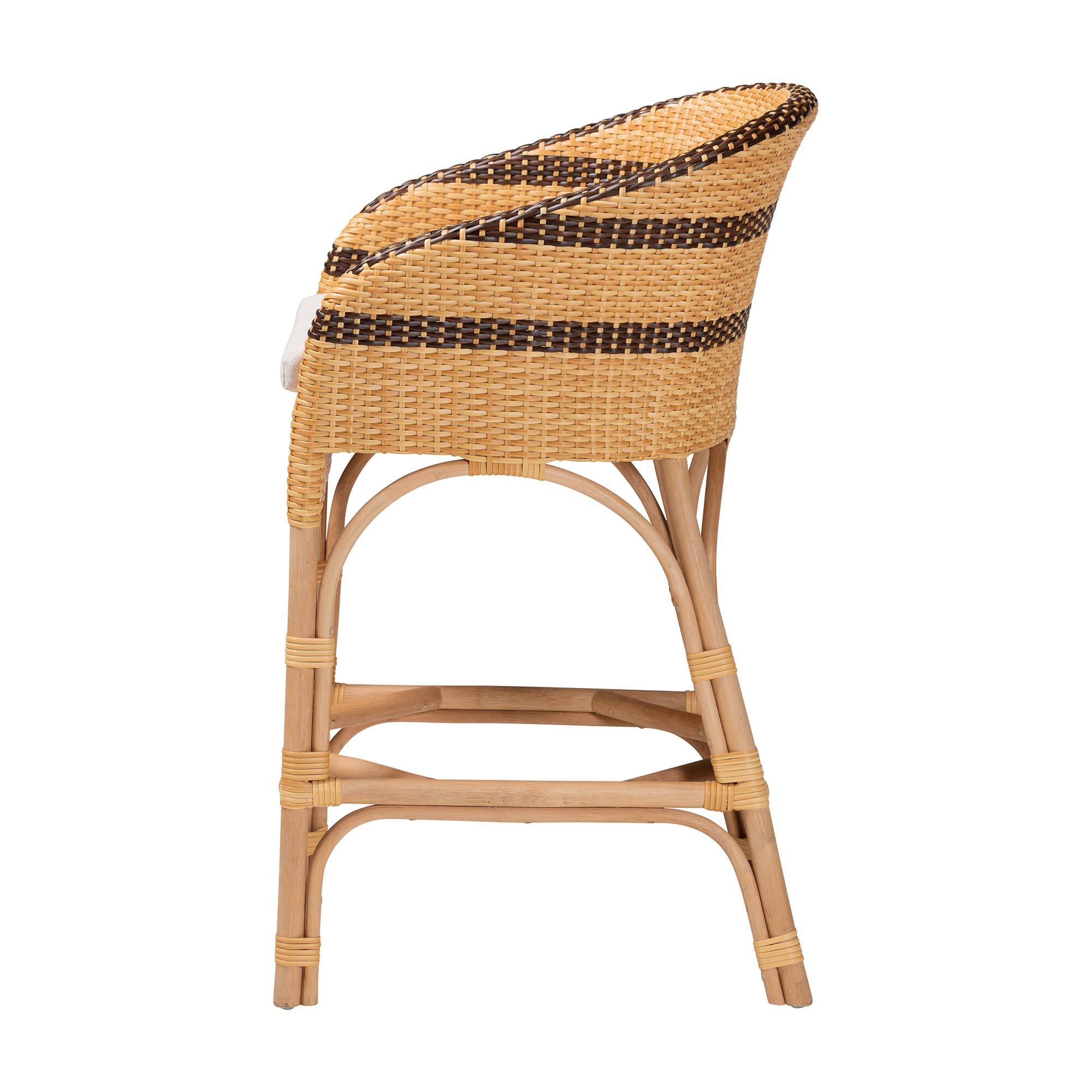 Left. bali & pari - Elma Rattan Counter Stool with Cushion - Barrel-Back Counter Chair with Synthetic Woven and Natural Rattan Frame - Natural Brown/Dark Brown.
