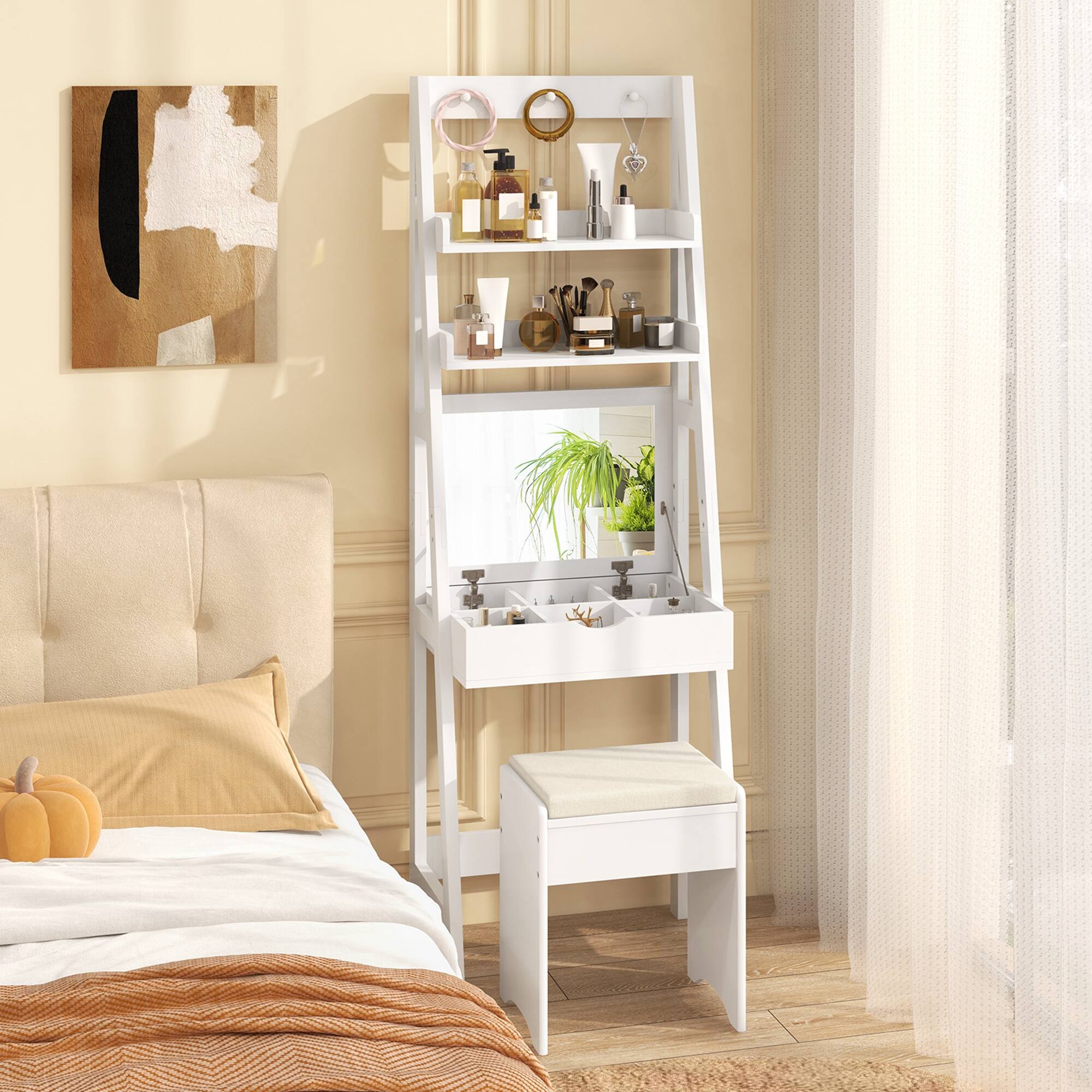 Alt View 1. Gymax - Gymax Vanity Desk w/ Flip-up Mirror and Stool w/ 3-Color Lighting 6 Compartments - White.