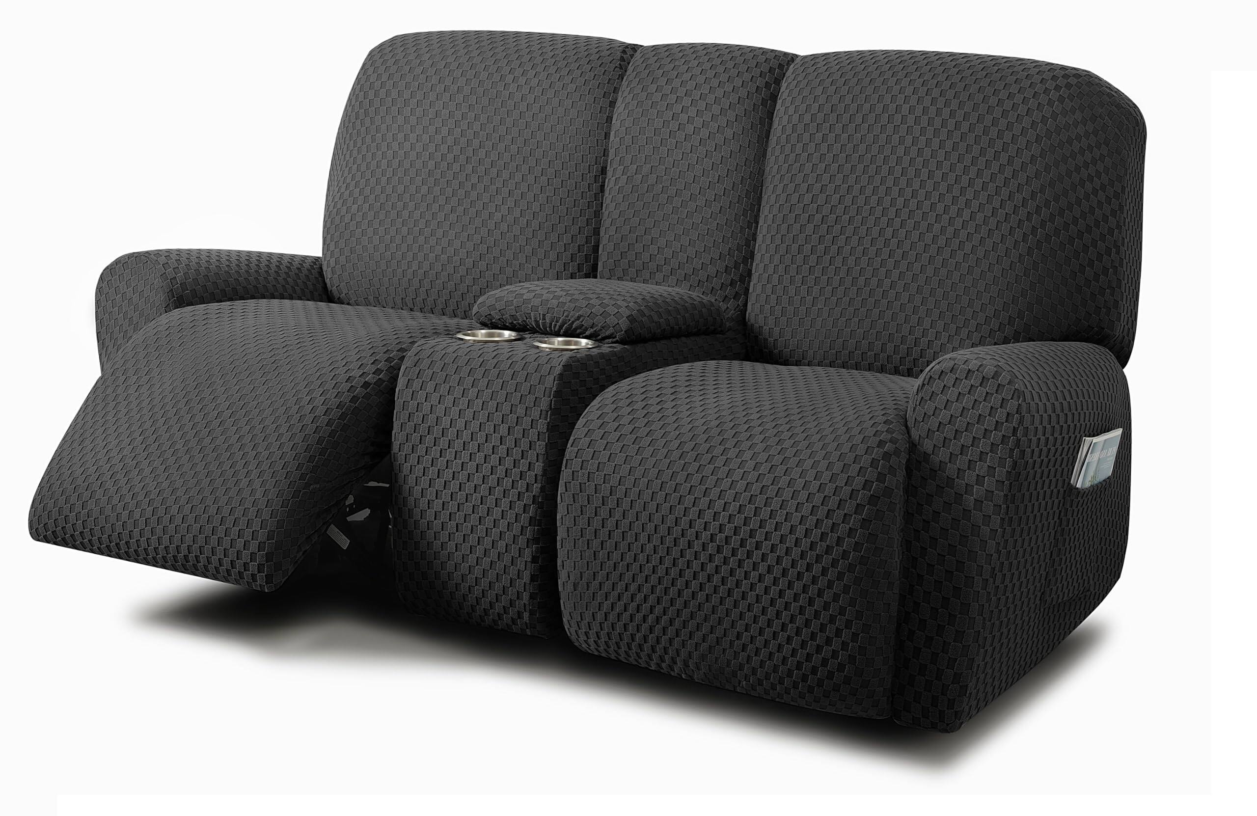 Fabibe - Reclining Love Seat with Middle Console Slipcover, 8-Piece Jacquared Stretch Loveseat Reclining Sofa Covers - Black Loveseat With Console Recliner Cover