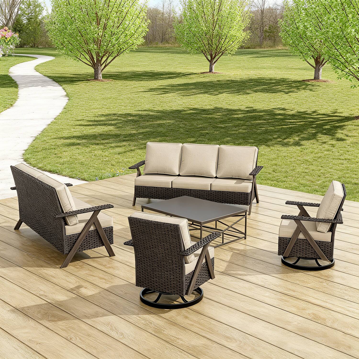 Alt View 6. Bestier - Patio Furniture Set, Outdoor Conversation Set with Thick Cushion Sofa Loveseat Swivel Chairs Coffee Table for Backyard - Beige.