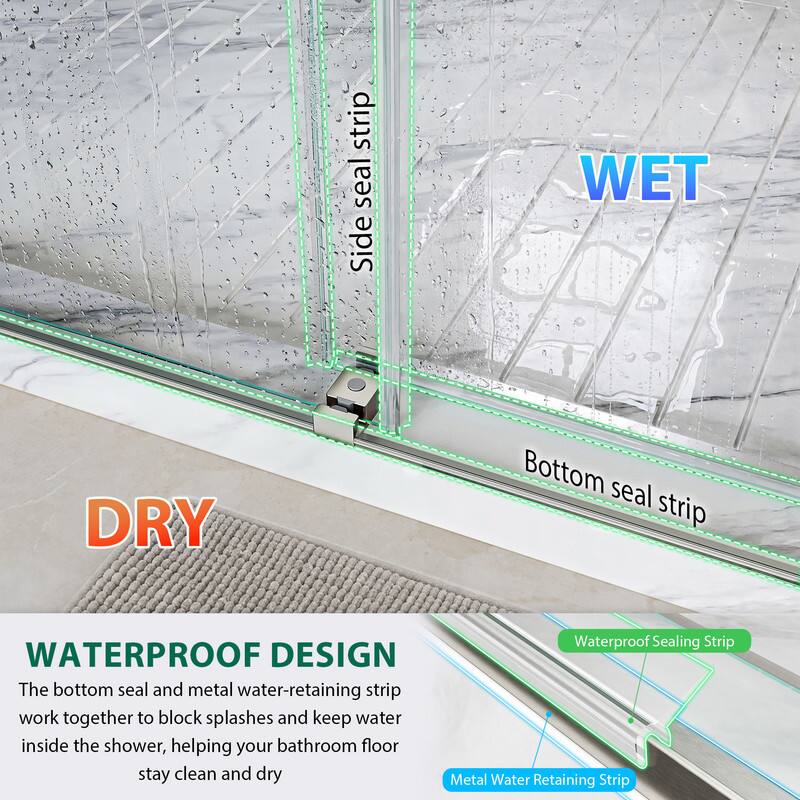 strip seal Side WET DRY Bottom seal strip WATERPROOF DESIGN

The bottom seal and metal water-retaining strip work together to block splashes and keep water inside the shower, helping your bathroom floor stay clean and dry

Waterproof Sealing Strip

Metal Water Retaining Strip