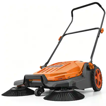 Front. VEVOR - Walk-Behind Hand Push Floor Sweeper, Manual Floor Sweeper Non-Electric with 25.6" Sweeping Width - Orange.
