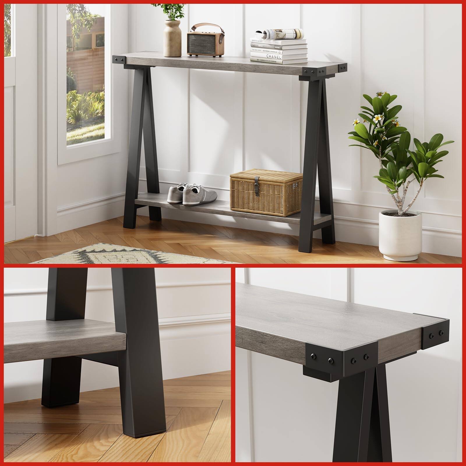 Alt View 3. Qeetex - Farmhouse Console Table, 43.3" Entryway Table with 2-Tier Storage & Metal Frame for Living Room, Hallway, Behind Couch - Gray.