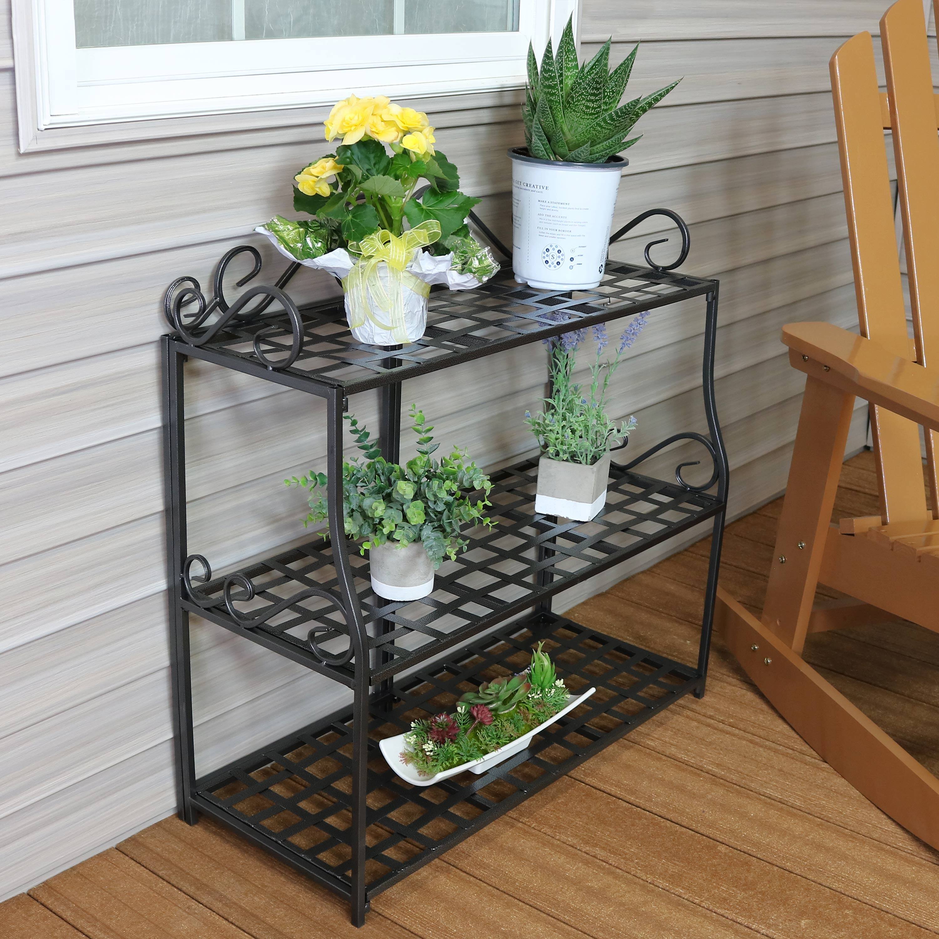 Alt View 1. Sunnydaze - Iron 3-Tier Plant Stand Shelf with Scroll Edging - 30 in - Silver.