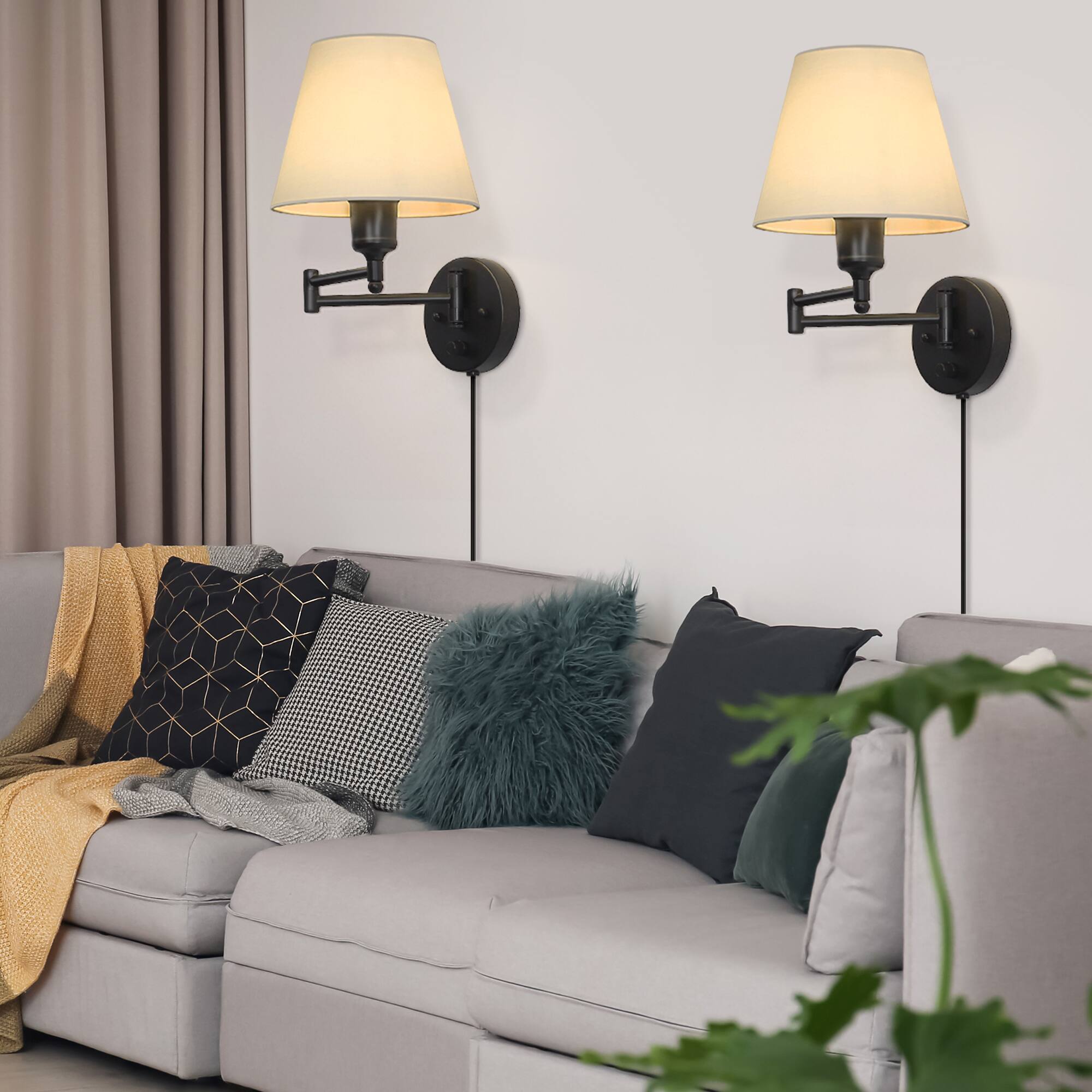 Alt View 2. Oumilen - Plug in Swing Arm Wall Sconce with Dimmer – 2 Pack Black Metal & Linen Shade Wall Lamp.