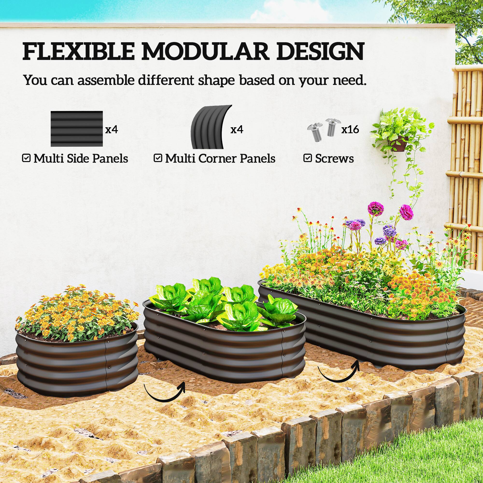 FLEXIBLE MODULAR DESIGN  
You can assemble different shapes based on your need.  

- x4 Multi Side Panels  
- x4 Multi Corner Panels  
- x16 Screws