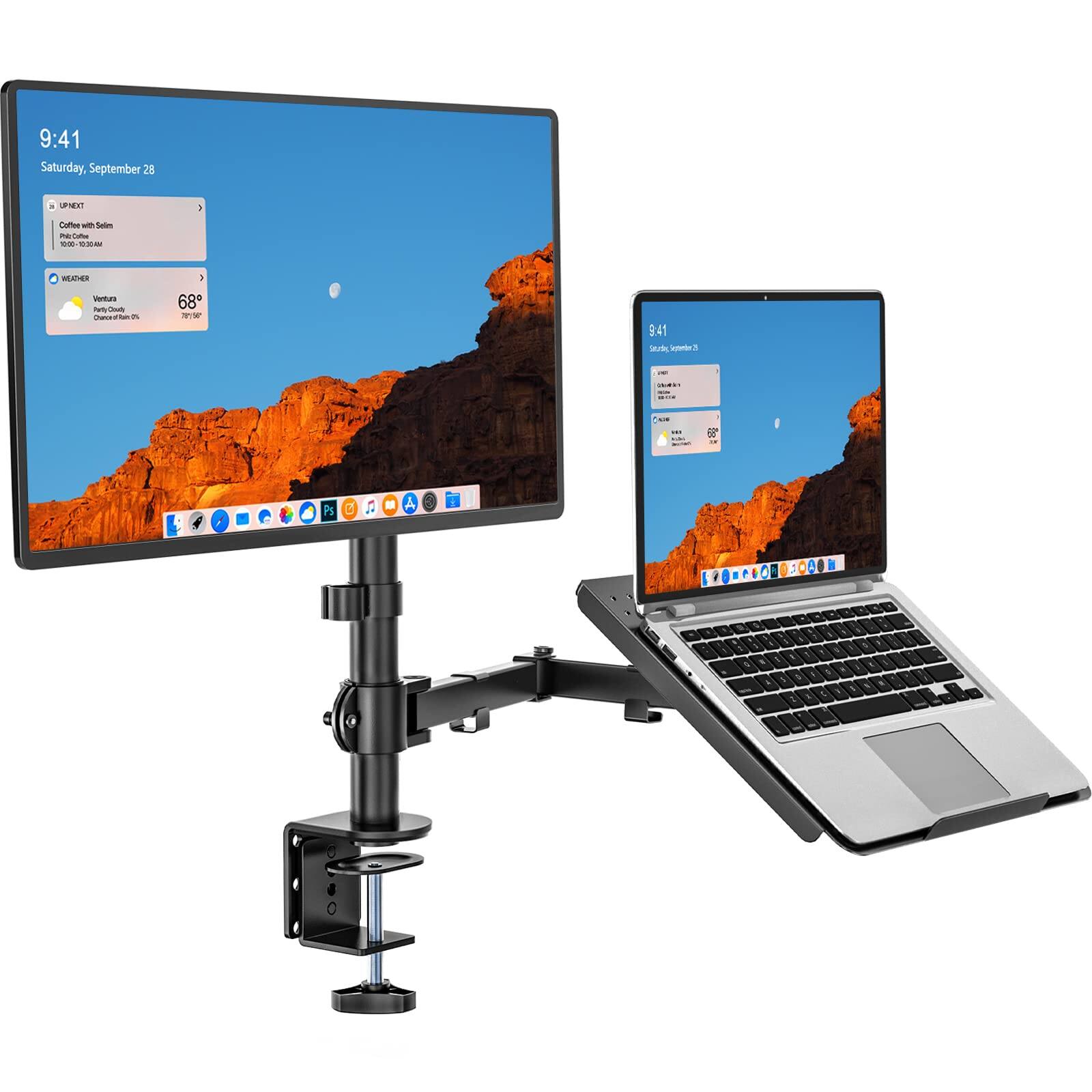 PO3TICJUNKI3 - Laptop Desk Mount 2 in 1 Monitor With Tray Fits Max 17 Notebook And 34 Computer Screen Holds 22 Stand For - Dual Arms