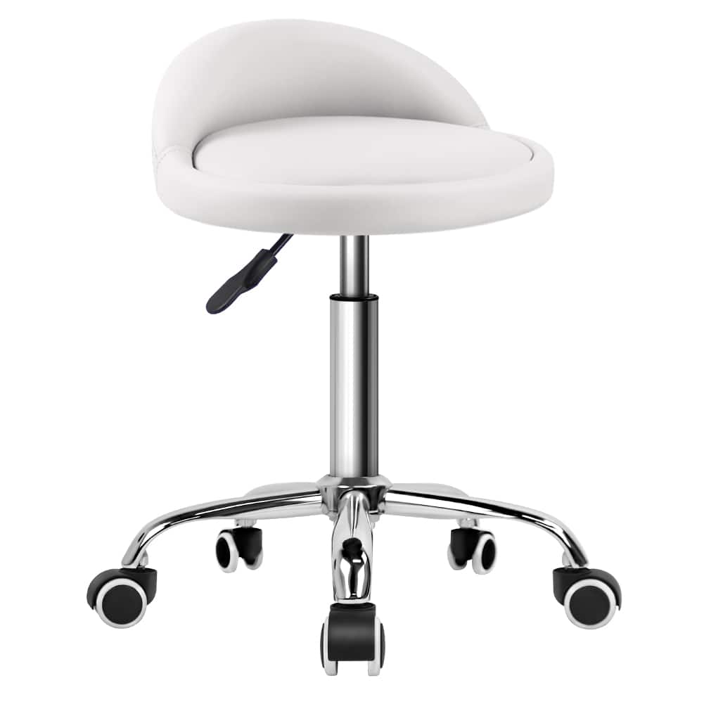 KKTONER - PU Leather Round Rolling Stool with Back Rest Height Adjustable Swivel Drafting SPA Task Chair with Wheels - White