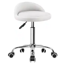 KKTONER - PU Leather Round Rolling Stool with Back Rest Height Adjustable Swivel Drafting SPA Task Chair with Wheels - White