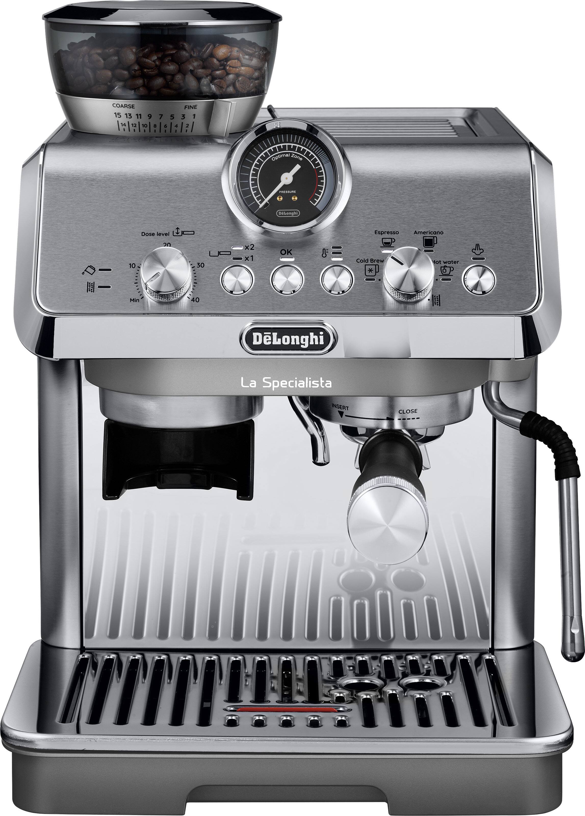 COARSE FINE 15 13 11 9 7 5 3 1  
opta dena  
- ielemph D-  
Dose evel  
n  
10 30 Min 40 x2 x1 OK  
Espresso Americano Cold Brew hot water  
DeLonghi La Specialista  
INSERT CLOSE
