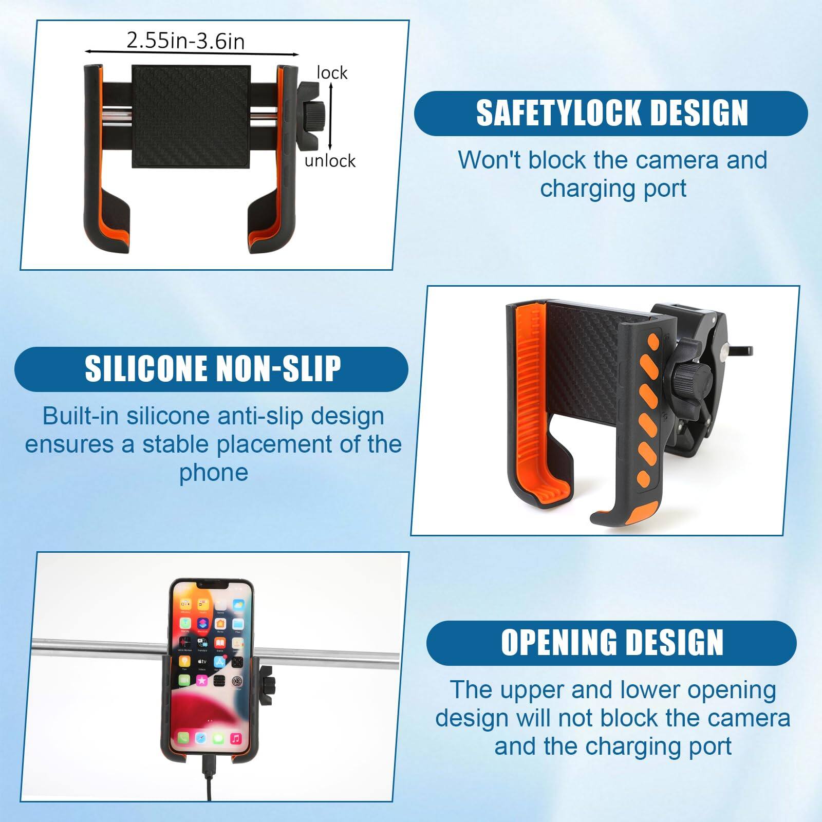 Sure, here is the corrected and grouped text from the image:

---

**2.55in-3.6in**

**SAFETYLOCK DESIGN**  
Won't block the camera and charging port

**SILICONE NON-SLIP**  
Built-in silicone anti-slip design ensures a stable placement of the phone

**OPENING DESIGN**  
The upper and lower opening design will not block the camera and the charging port

---