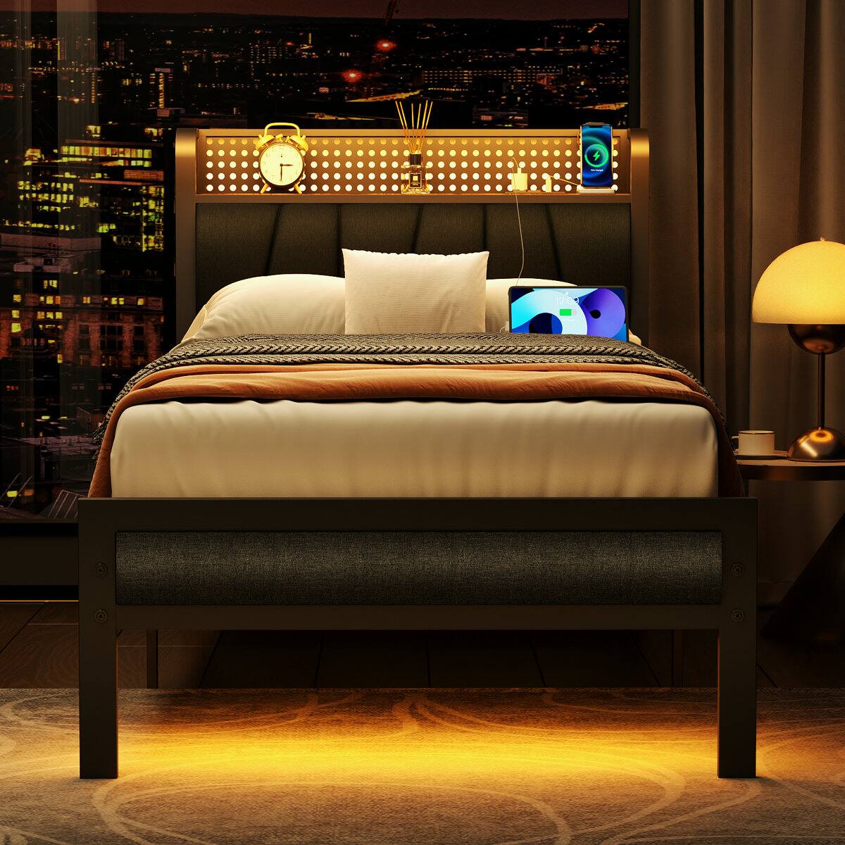 Alt View 1. Furnulem - Platform Bed Frame Upholstered Headboard LED Lights Charging Station Heavy Duty Metal Support No Box Spring Needed - Brown.