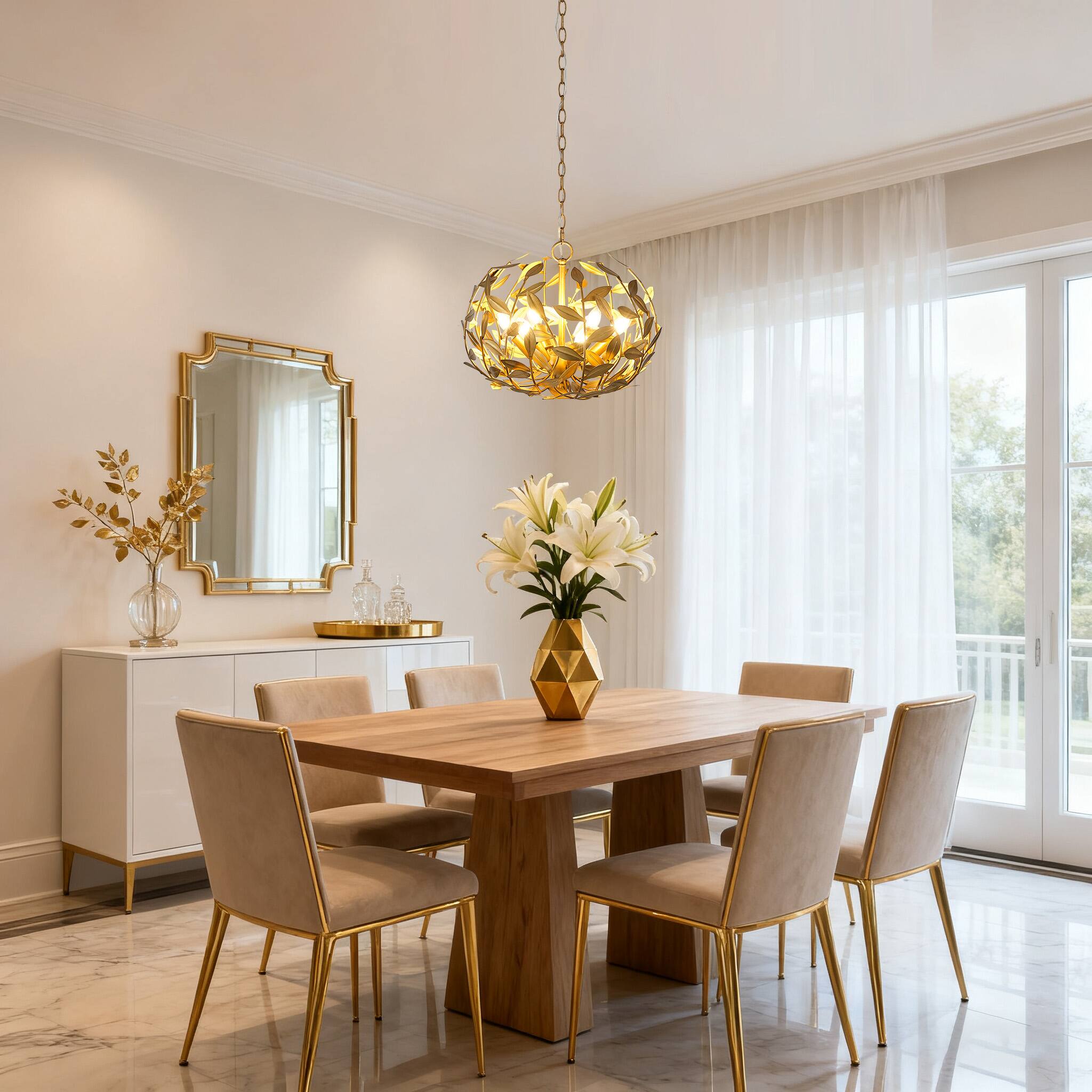 Alt View 1. Parrot Uncle - 20" Modern 6-Light Gold Chandelier with Leaf Metal Shade - Gold.