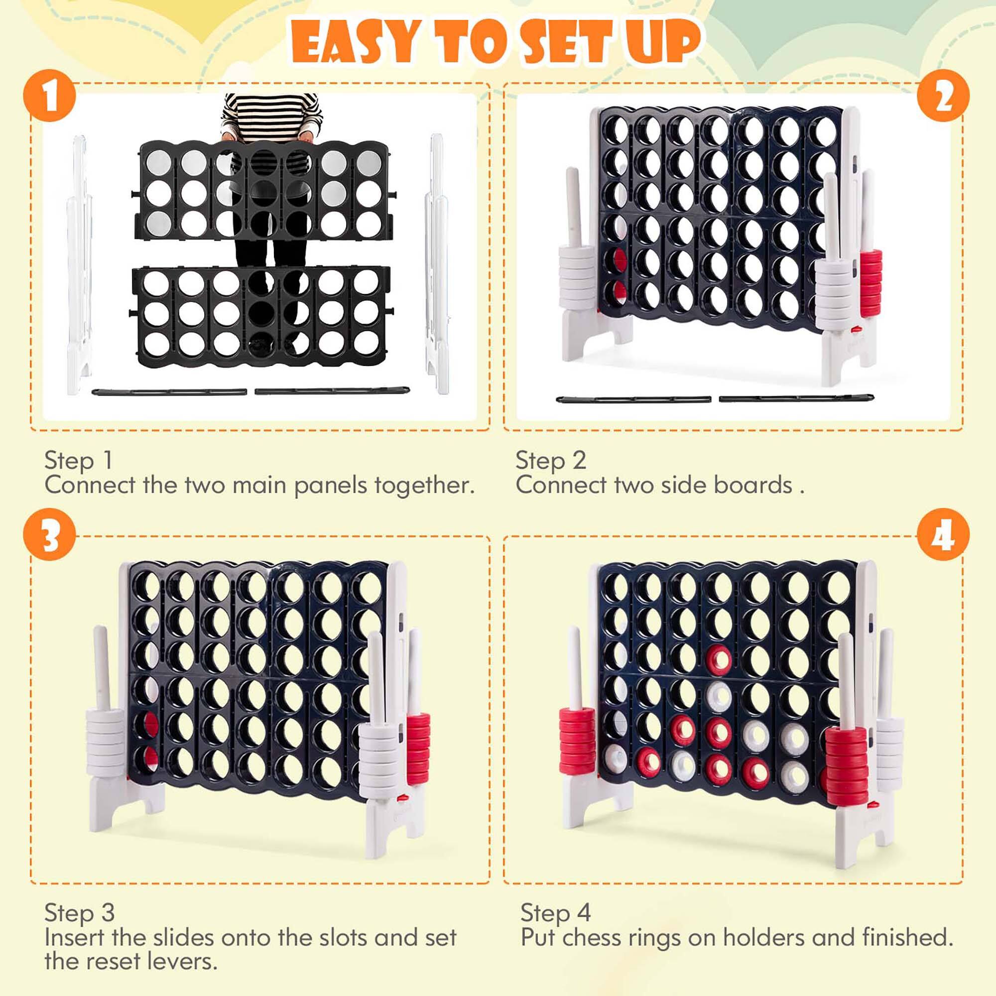 1. EASY TO SET UP

Step 1
Connect the two main panels together.

Step 2
Connect two side boards.

Step 3
Insert the slides onto the slots and set the reset levers.

Step 4
Put chess rings on holders and finished.
