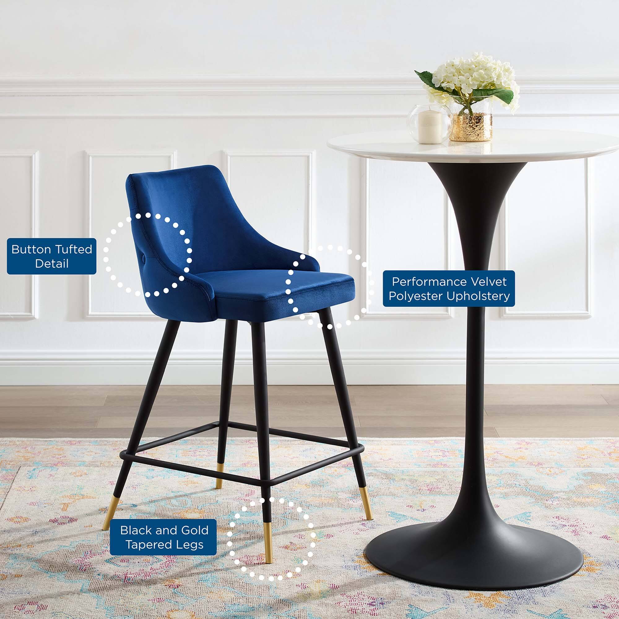 Button Tufted Detail  
Performance Velvet Polyester Upholstery  
Black and Gold Tapered Legs