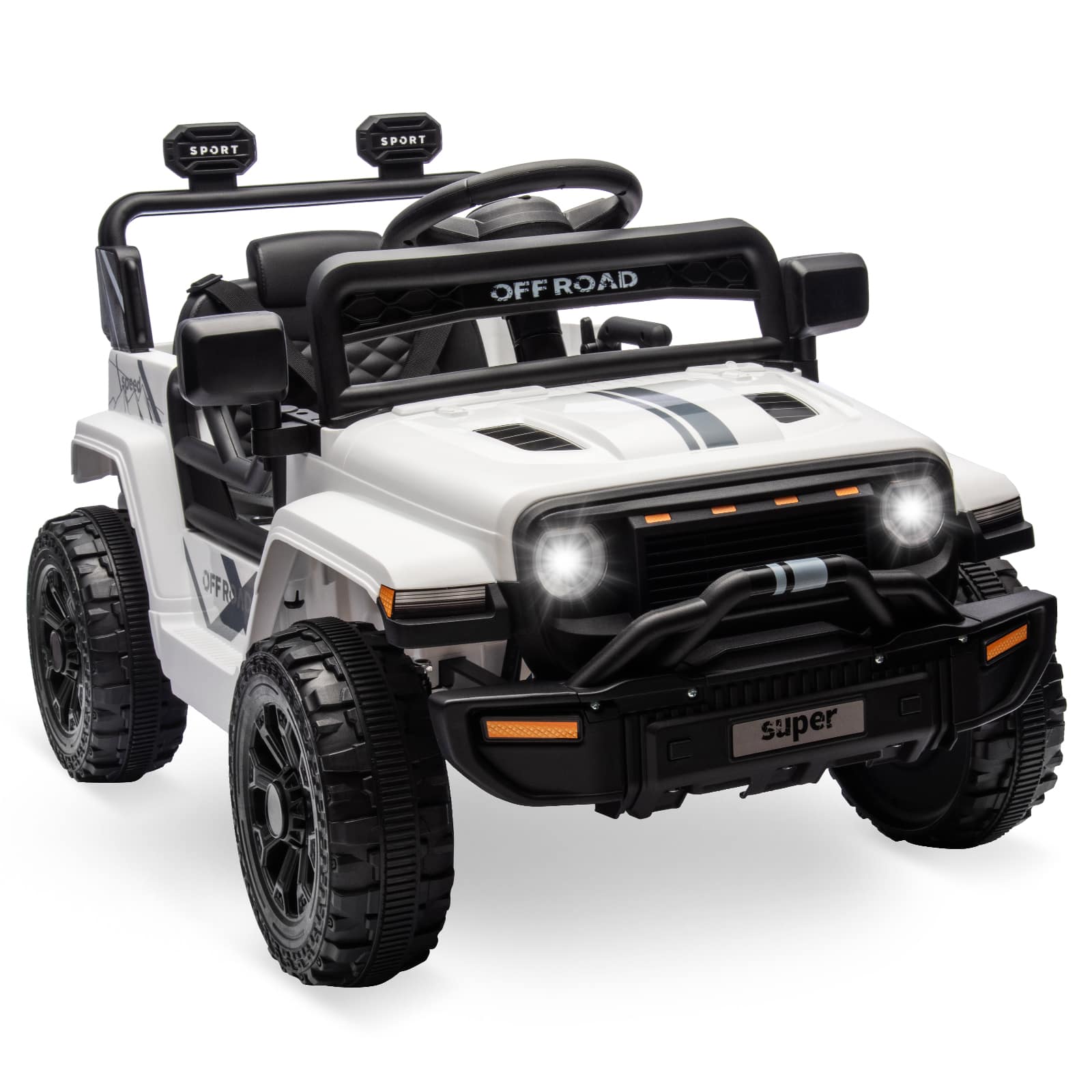 Jojoka - 12V Kids Ride On Truck with Remote Control, Bluetooth Speaker, LED Lights, Dual Driving Modes - White