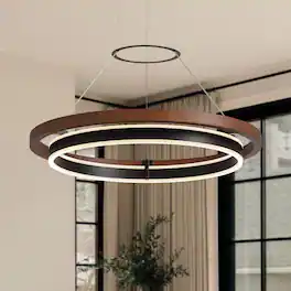 Siljoy - 23.6 Inch Double Ring LED Pendant Light, Modern Wood Grain Nordic Chandelier for Living Room Dining Bedroom - Brown