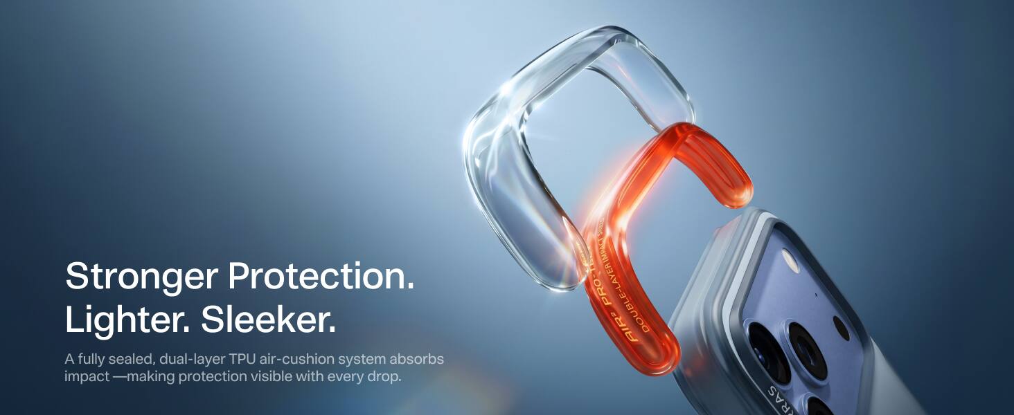 Stronger Protection. Lighter. Sleeker.  
A fully sealed, dual-layer TPU air-cushion system absorbs impact — making protection visible with every drop.  

STAINS IMPACT PRO DOUBLE-LAYER AIR2  
RAS
