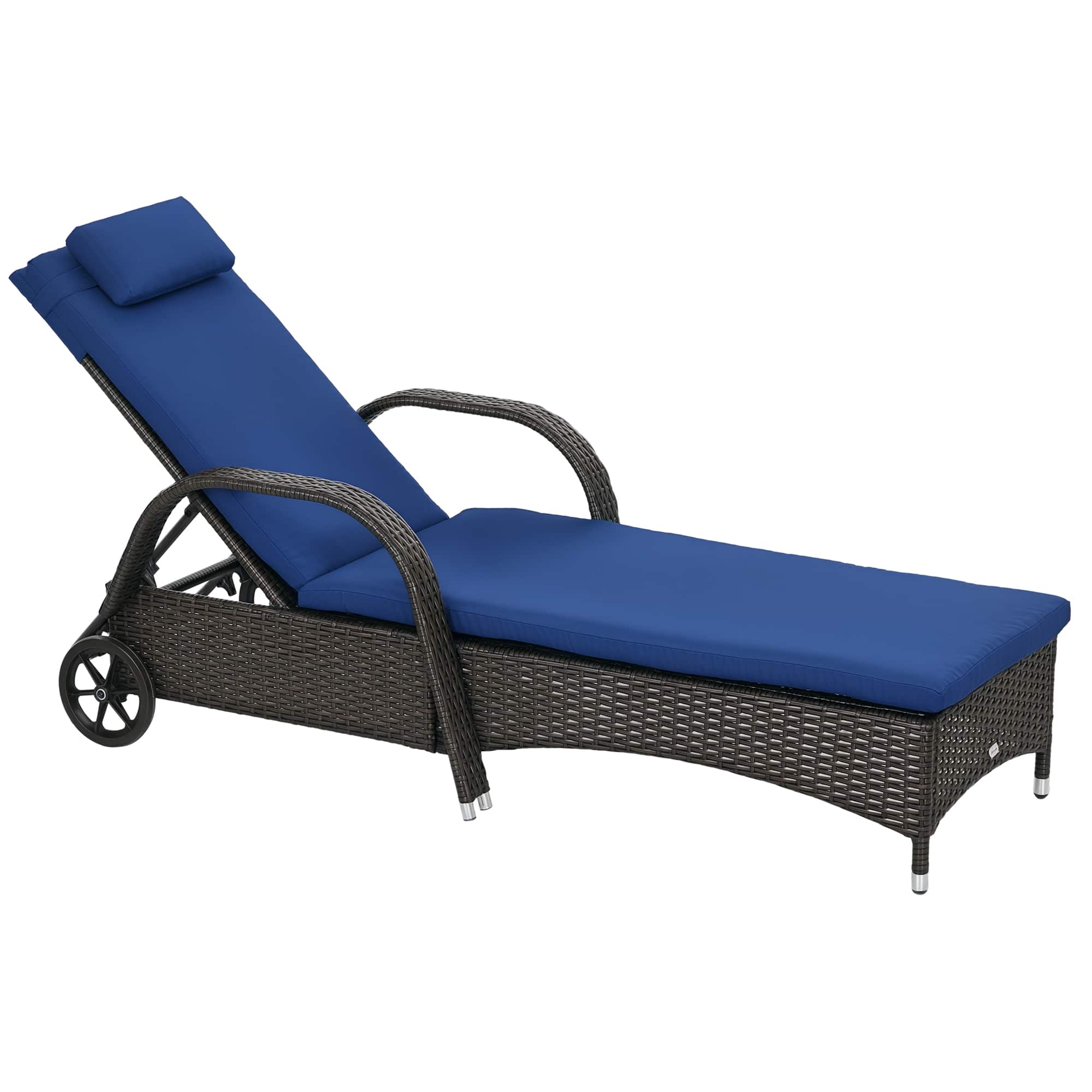 Outsunny - Wicker Outdoor Chaise Lounge, 5-Level Adjustable Backrest PE Rattan Pool Lounge Chair with Wheels - Brown,  Dark Blue