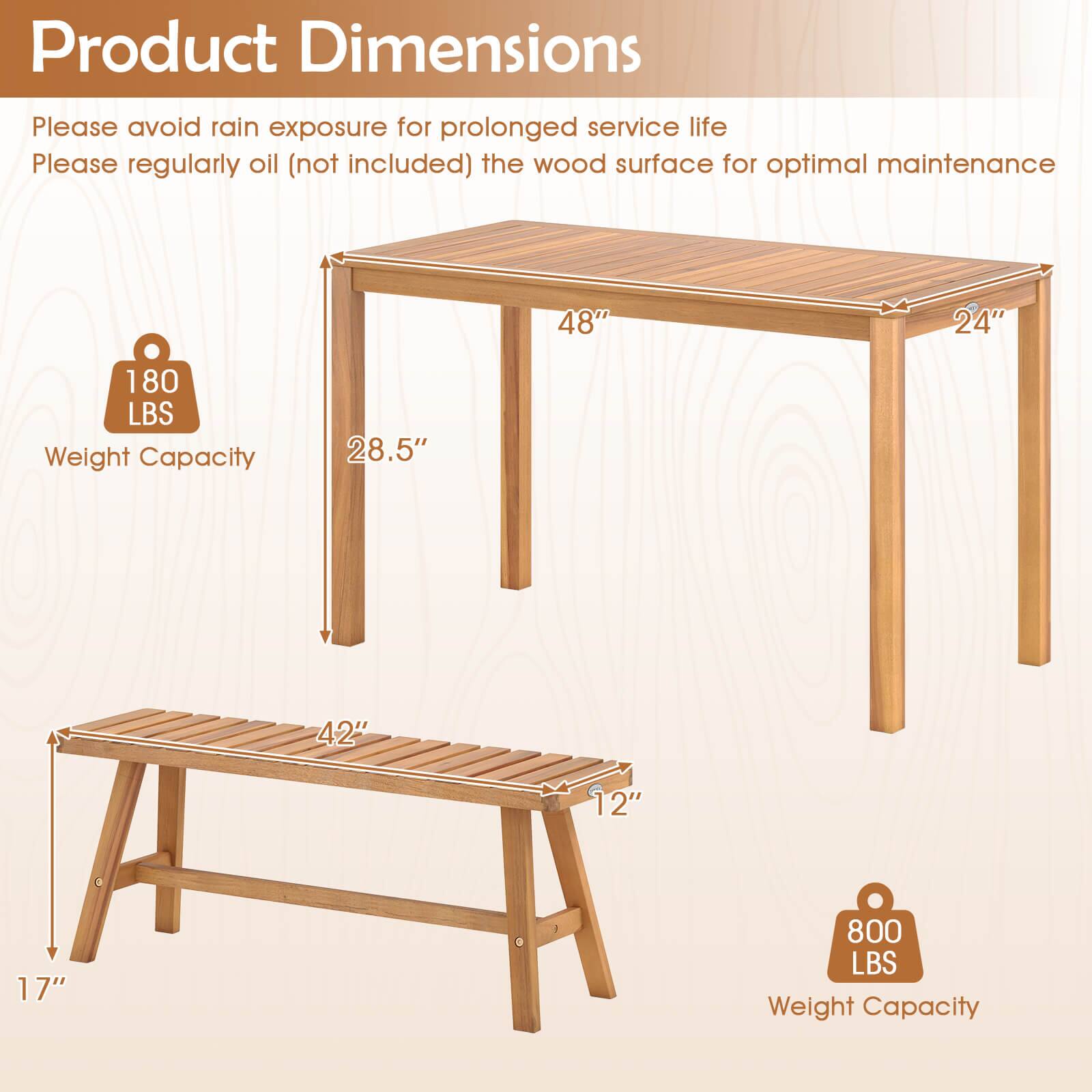 Product Dimensions

Please avoid rain exposure for prolonged service life

Please regularly oil (not included) the wood surface for optimal maintenance

48" x 24" x 28.5" x 12" x 17"

Weight Capacity: 180 LBS

Weight Capacity: 800 LBS