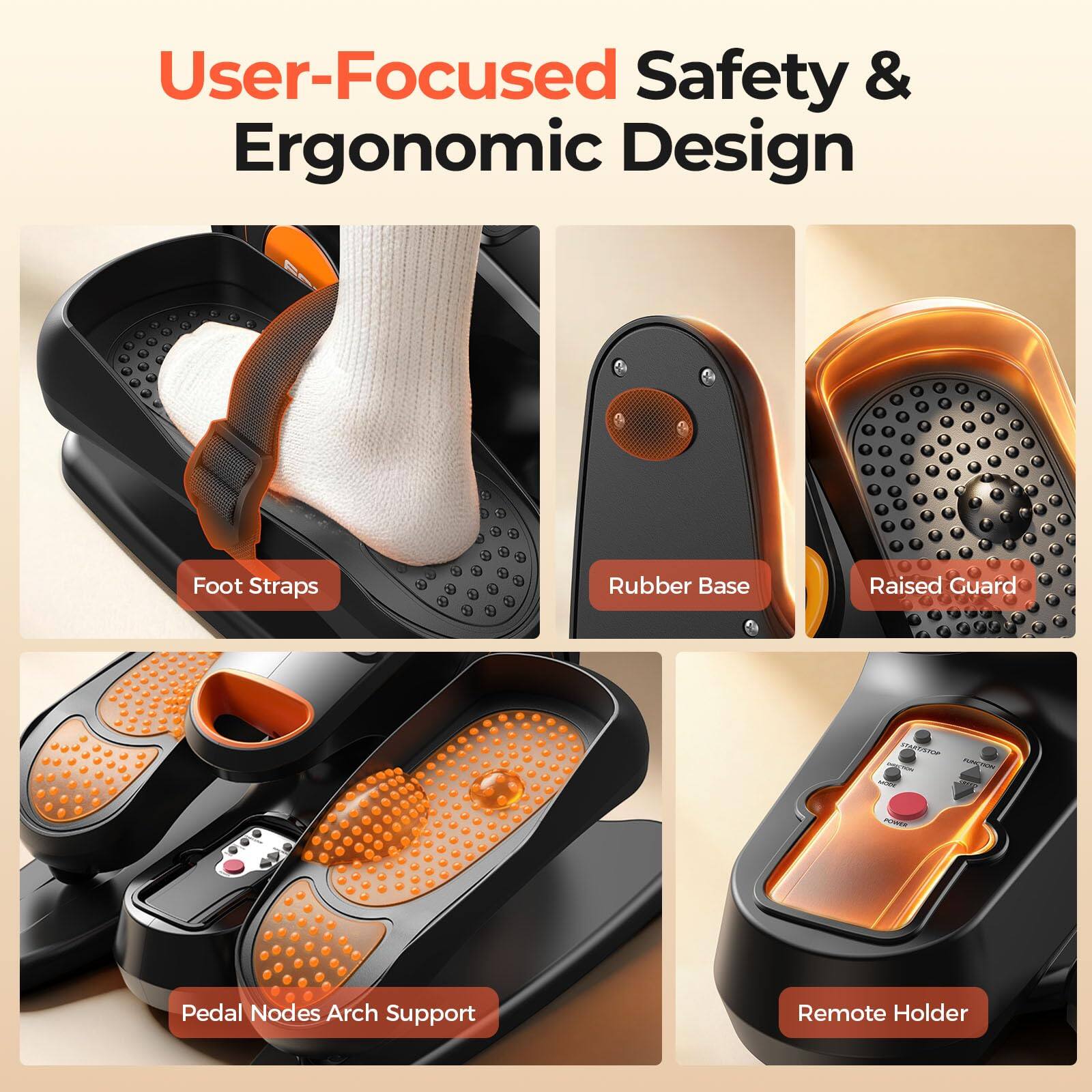 User-Focused Safety & Ergonomic Design

- Foot Straps
- Rubber Base
- Raised Guard
- Pedal Nodes Arch Support
- Remote Holder