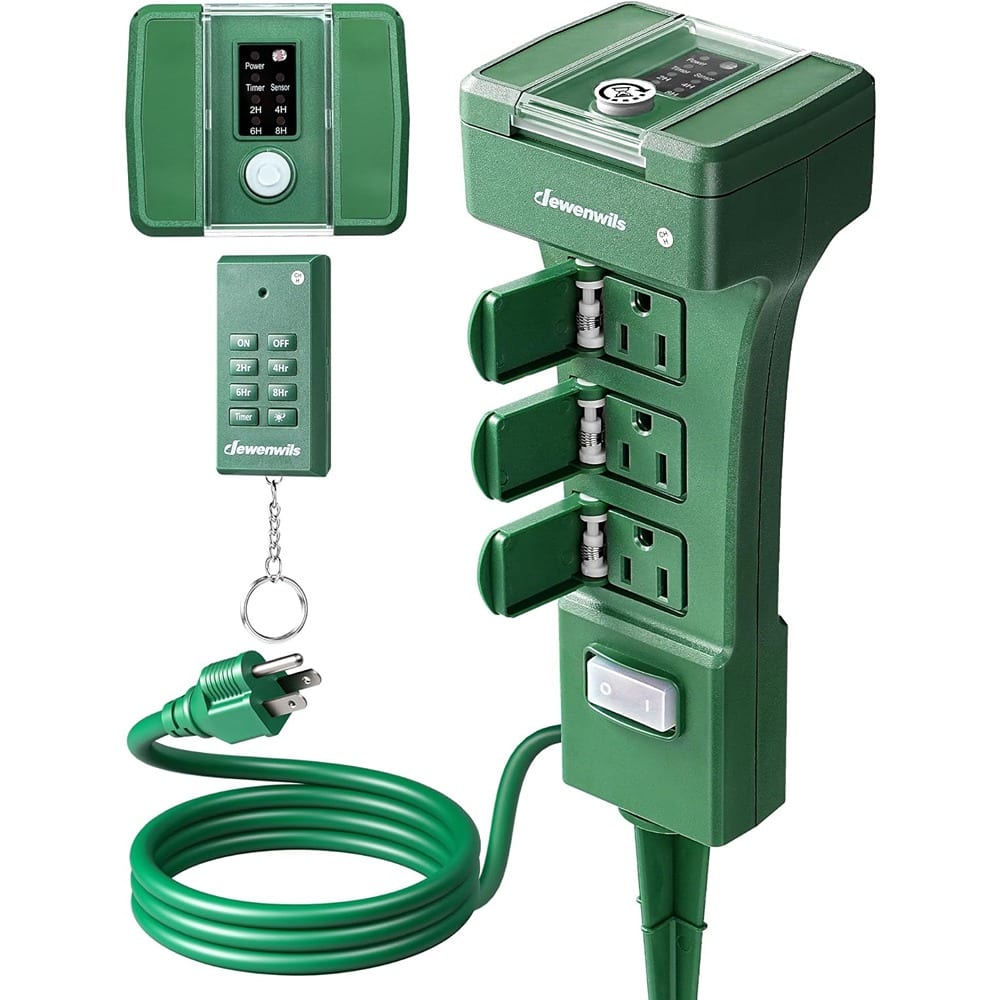 RTMB - Outdoor Power Stake Timer 6 Outlets, Remote 100FT, Dusk-to-Dawn, 15A - Green