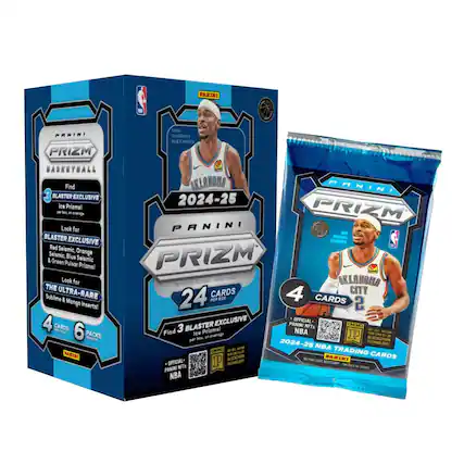 PANINI PRIZM BASKETBALL
2024-25
Find
- BLASTER EXCLUSIVE Ice Prizmal
- Look for BLASTER EXCLUSIVE Red Seismic, Orange Seismic, Blue Seismic, & Green Seismic
- Look for THE ULTRA-RARE Sublime & Manga Inserts
4 CARDS 6 PACKS
SHAI GILGEOUS ALEXANDER OKLAHOMA CITY
Find 3 BLASTER EXCLUSIVE Ice Prizmal per box, on average
OFFICIAL PANINI NBA TRADING CARDS
BLOCKCHAIN TECHNOLOGY!
PANINI PRIZM
2024-25 NBA TRADING CARDS
4 CARDS
OFFICIAL PANINI NBA TRADING CARDS
BLOCKCHAIN TECHNOLOGY!
*See Back for Details*
PANINI NFTs