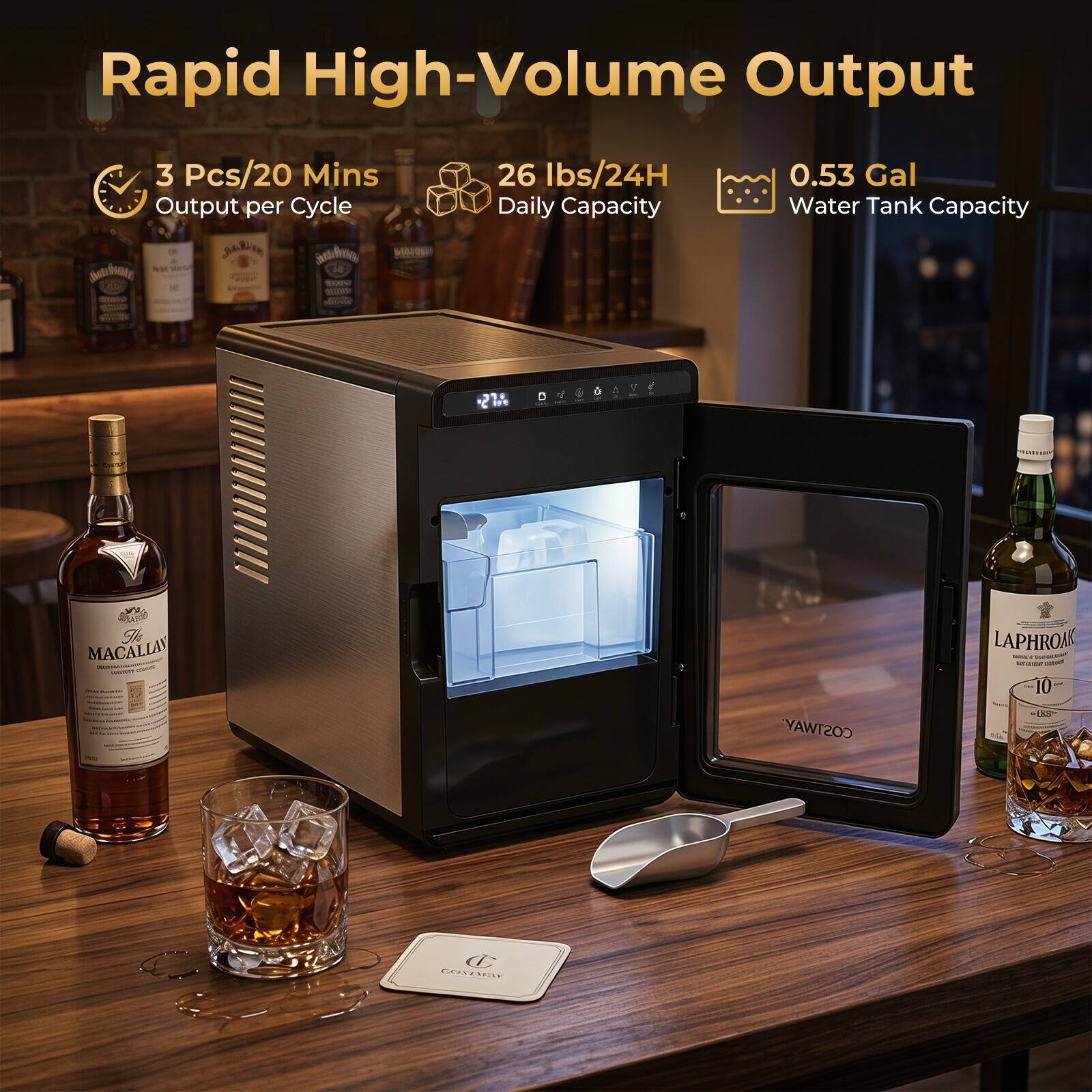 Rapid High-Volume Output  
3 Pcs/20 Mins Output per Cycle  
26 lbs/24H Daily Capacity  
0.53 Gal Water Tank Capacity  

JaRo  
Sunie T  
MACALLAY  
LAPHROAIG  
COSTWAY - LA2
