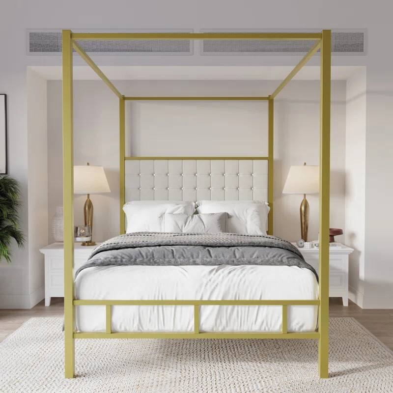 Angle. Hivvago - King size Gold Metal Canopy Bed with Upholstered Button-Tufted Headboard - Gold.